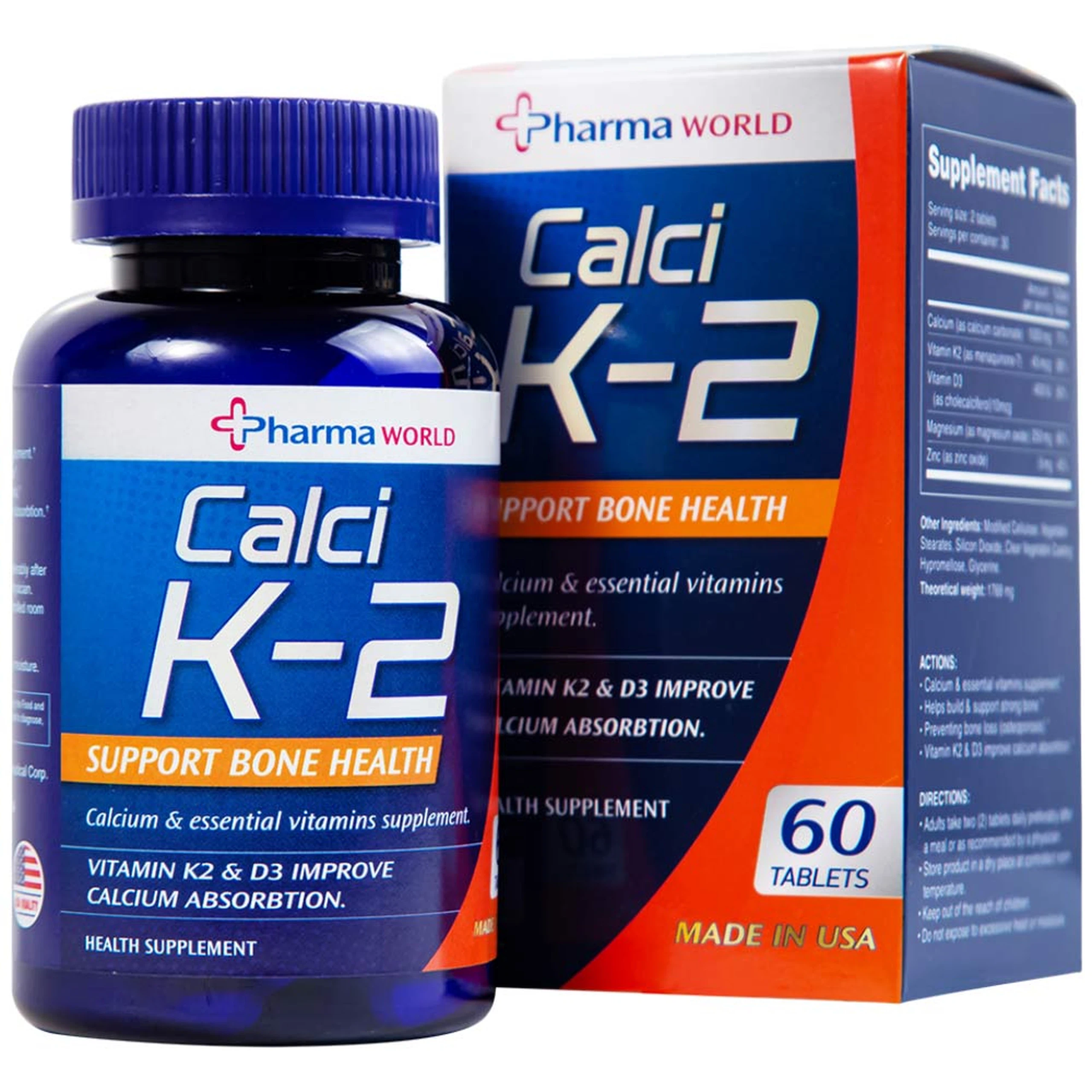 Viên uống Calci K-2 Pharma World hỗ trợ giảm nguy cơ loãng xương (60 viên) 