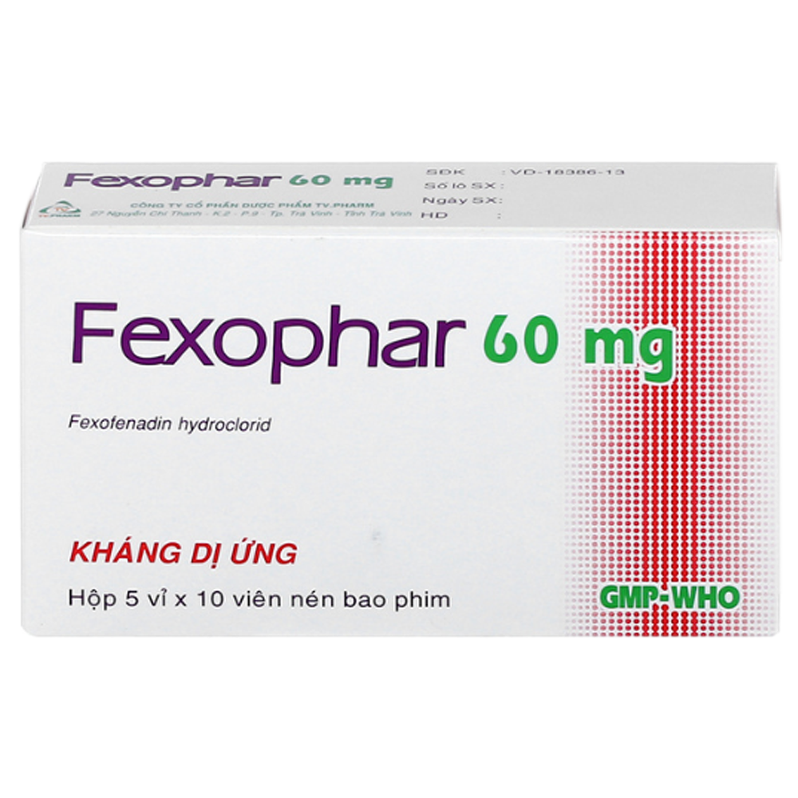 Thuốc Fexophar 60mg TV. Pharm điều trị triệu chứng viêm mũi dị ứng, dị ứng da, nổi mày đay (5 vỉ x 10 viên)