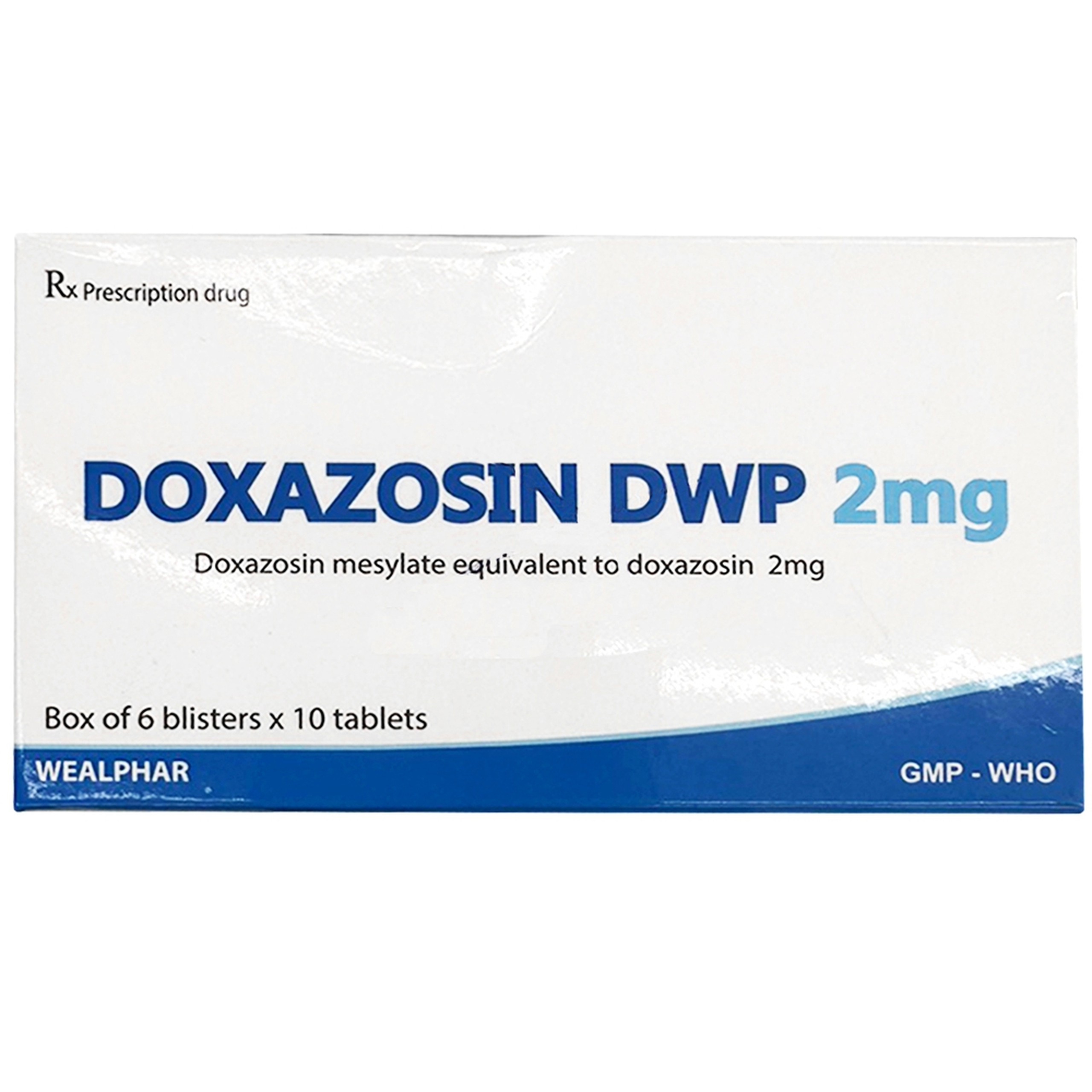 Thuốc Doxazosin DWP 2mg Wealphar điều trị tăng huyết áp, phì đại lành tính tuyến tiền liệt (6 vỉ x 10 viên)