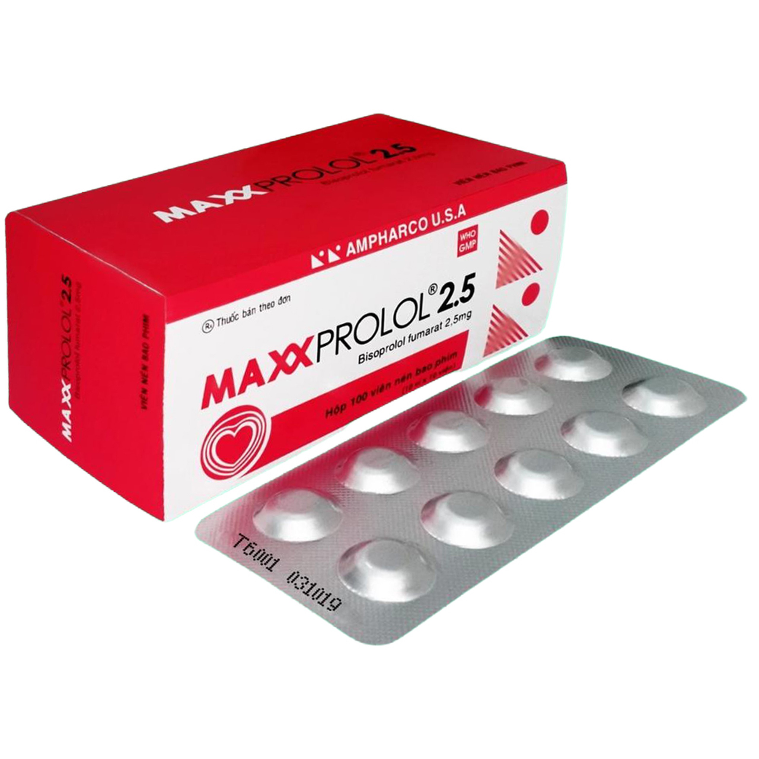 Thuốc Maxxprolol 2.5 Ampharco điều trị tăng huyết áp, suy tim, đau thắt ngực (10 vỉ x 10 viên)