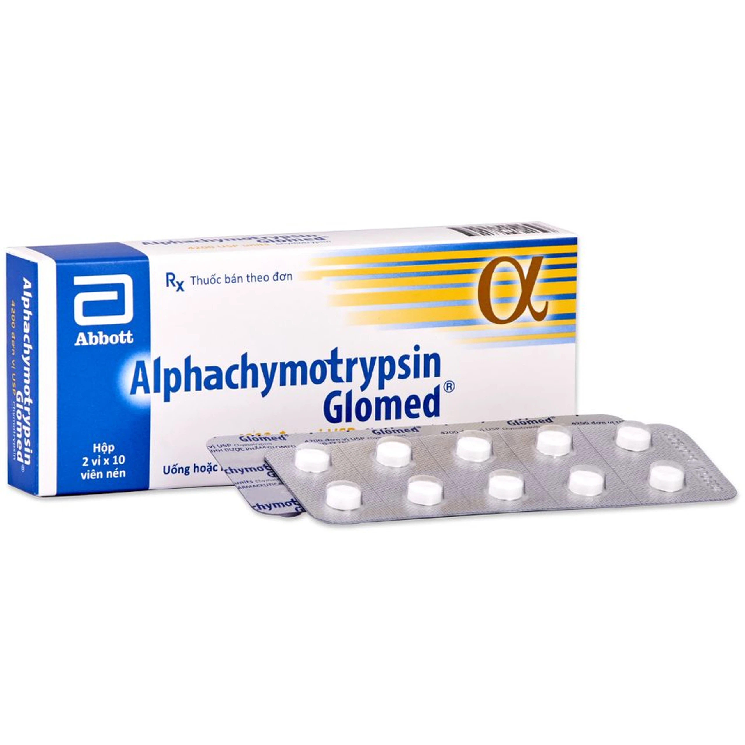Thuốc Alphachymotrypsin Glomed Abbott điều trị phù nề sau chấn thương, phẫu thuật, bỏng (2 vỉ x 10 viên)