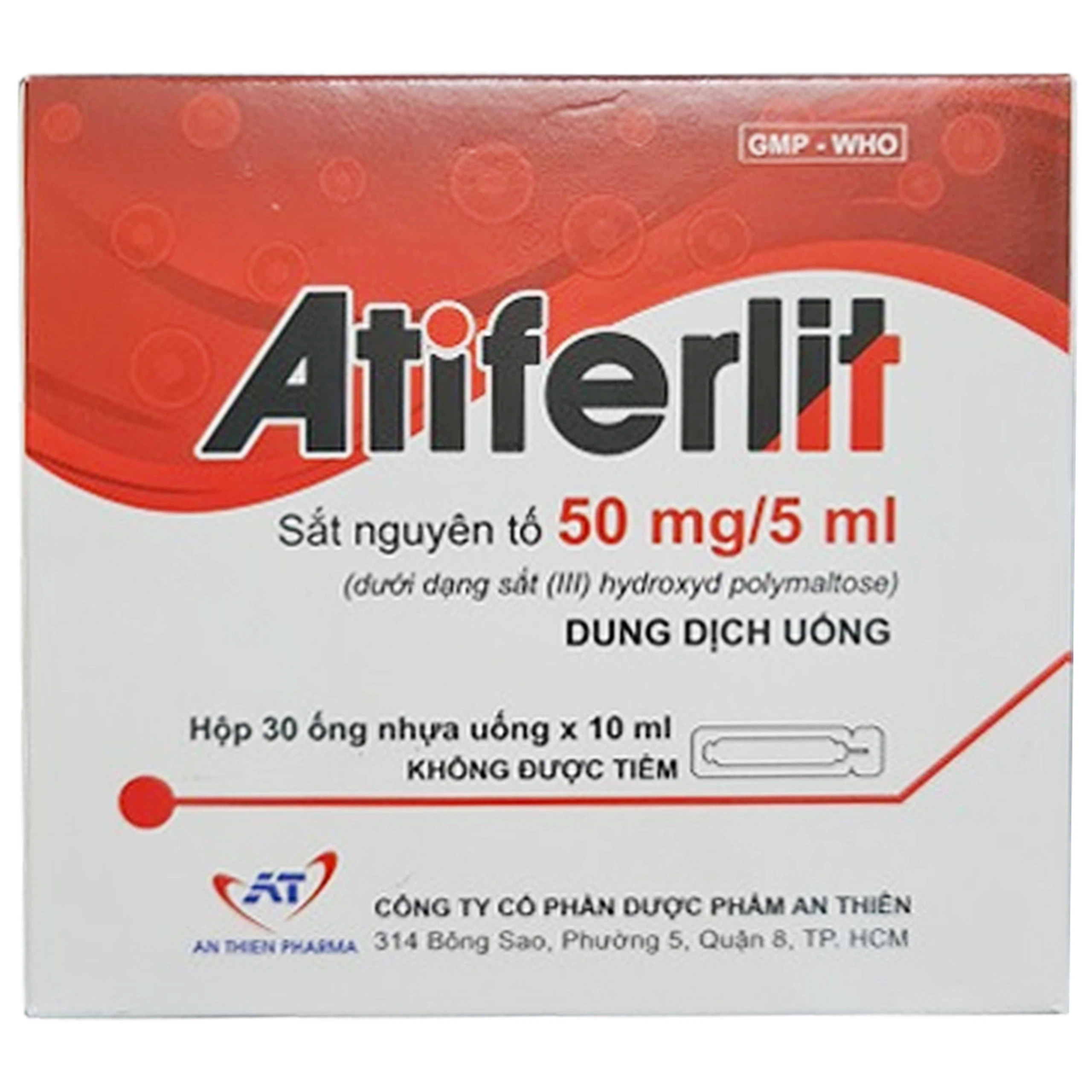 Dung dịch uống Atiferlit 50mg/5ml An Thiên bổ sung sắt, điều trị thiếu máu do thiếu sắt (30 ống x 10ml)