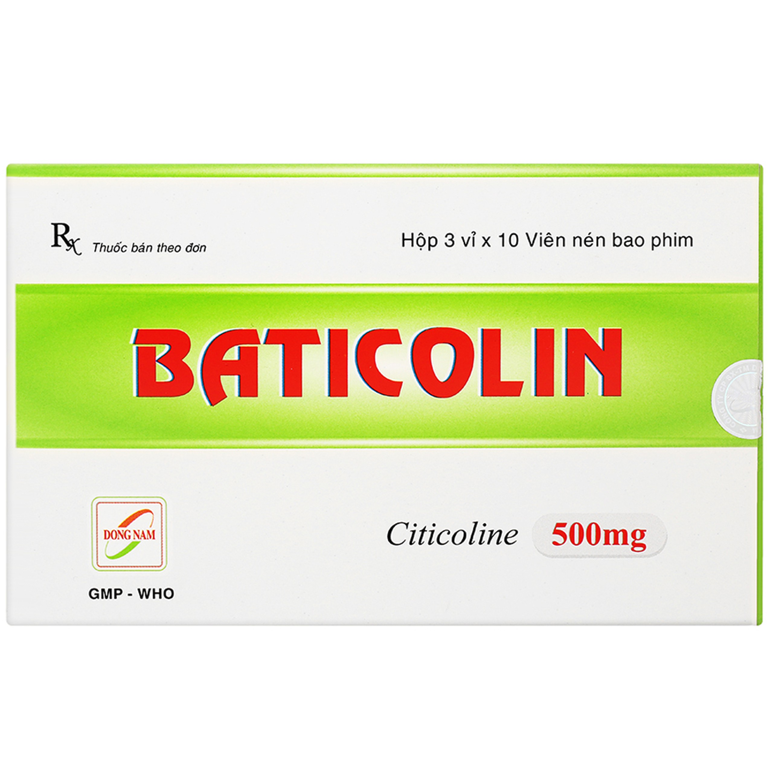 Thuốc Baticolin 500mg Dược Đông Nam trị bệnh mạch máu não, chấn thương sọ não (3 vỉ x 10 viên)