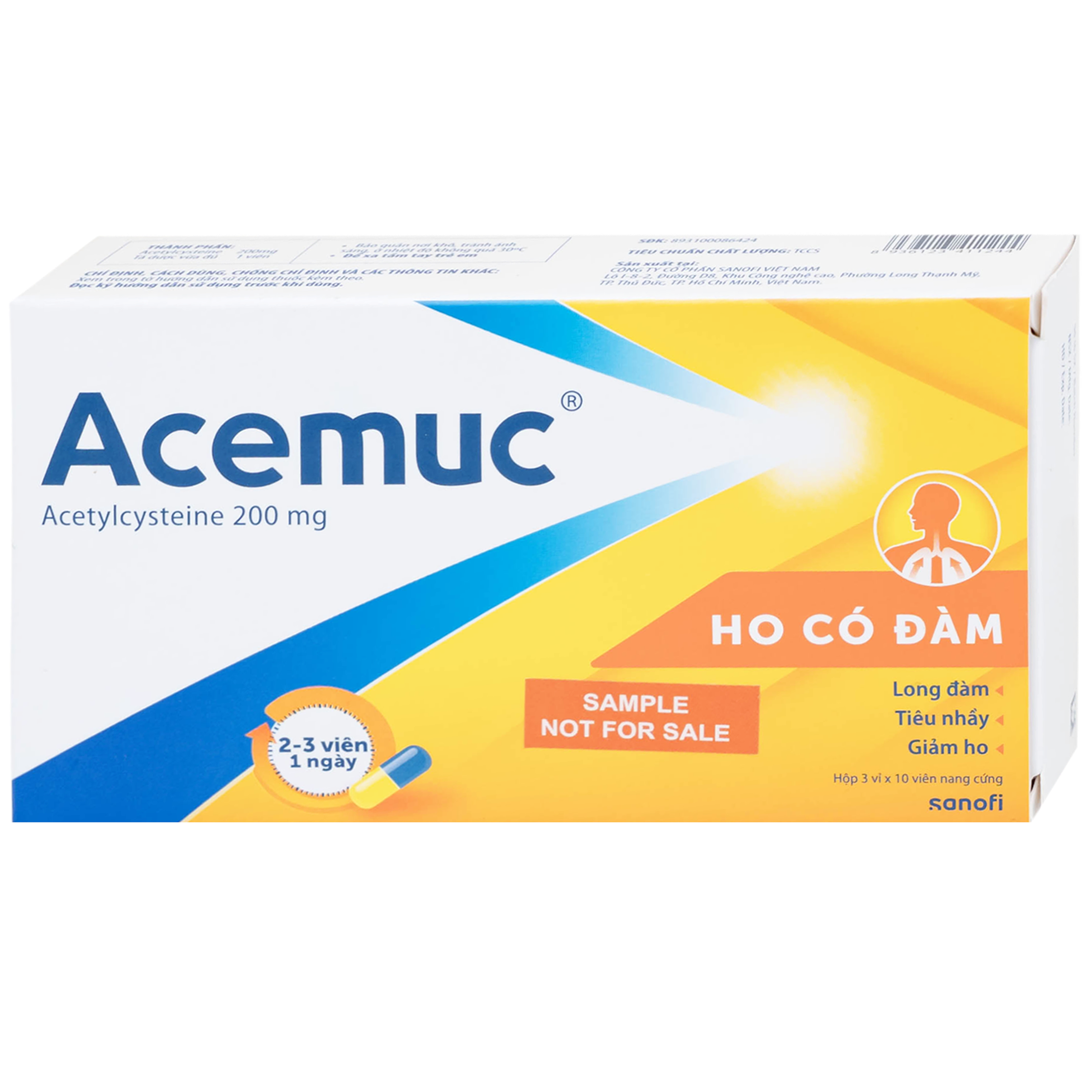 Thuốc Acemuc 200mg Sanofi long đàm, tiêu nhầy, giảm ho (3 vỉ x 10 viên)