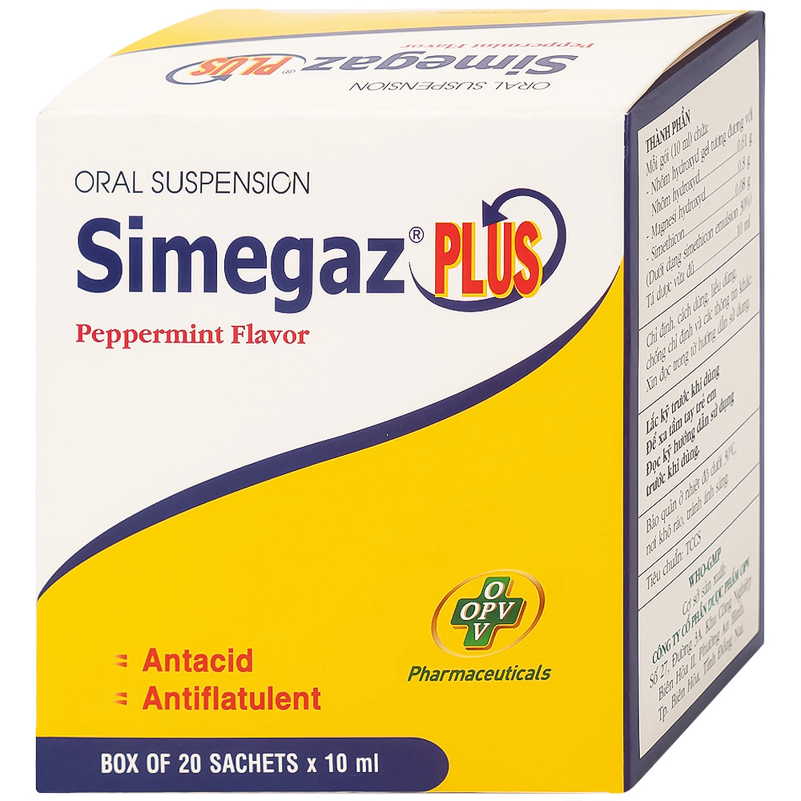 Hỗn dịch uống Simegaz Plus OPV vị bạc hà, điều trị viêm loét dạ dày , tăng acid dạ dày (20 gói x 10ml)