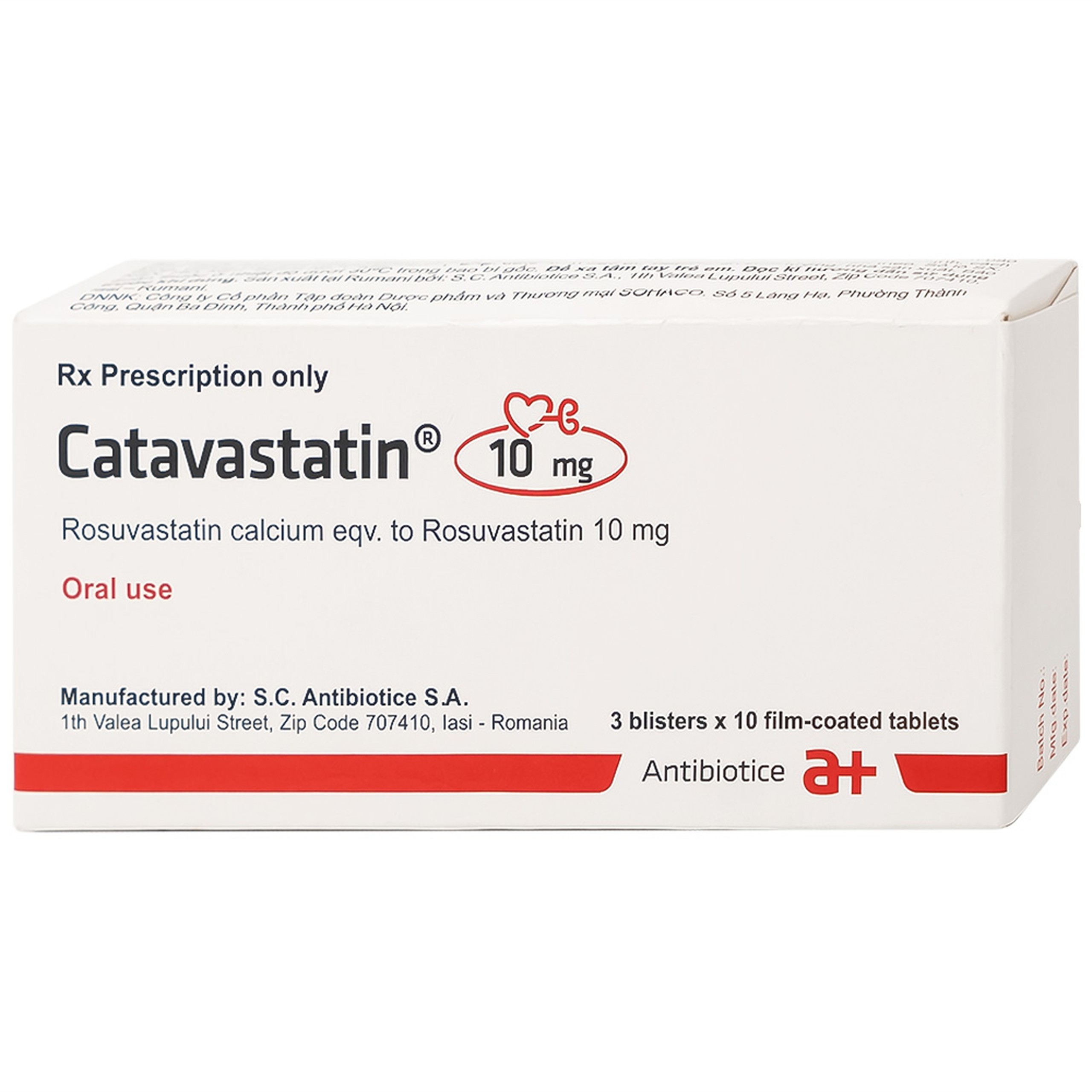 Thuốc Catavastatin 10mg S.C Antibiotice điều trị tăng cholesterol máu nguyên phát (3 vỉ x 10 viên)