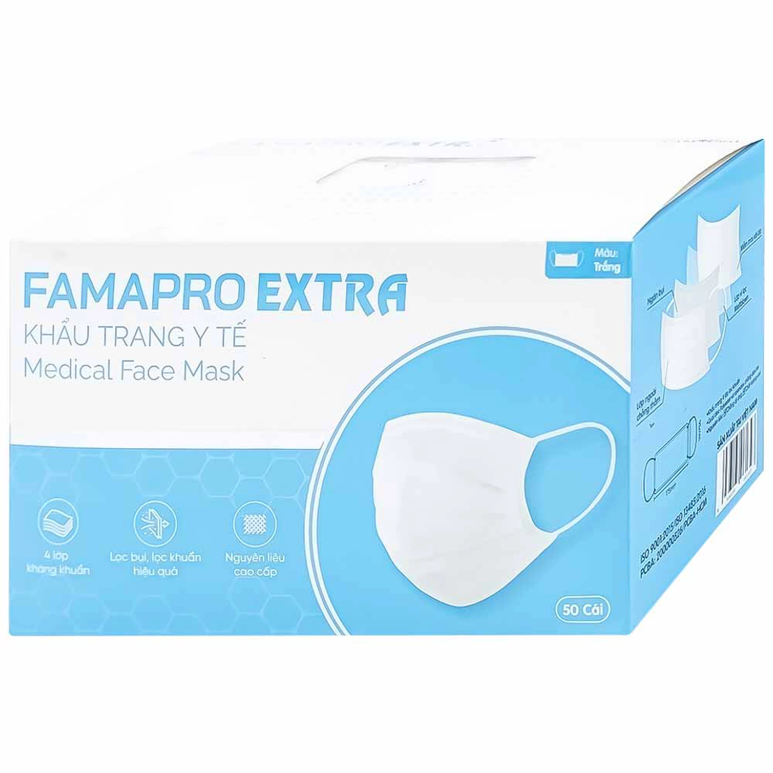Khẩu trang y tế Famapro Extra màu trắng 4 lớp hỗ trợ ngăn khói, bụi, kháng khuẩn (50 cái)
