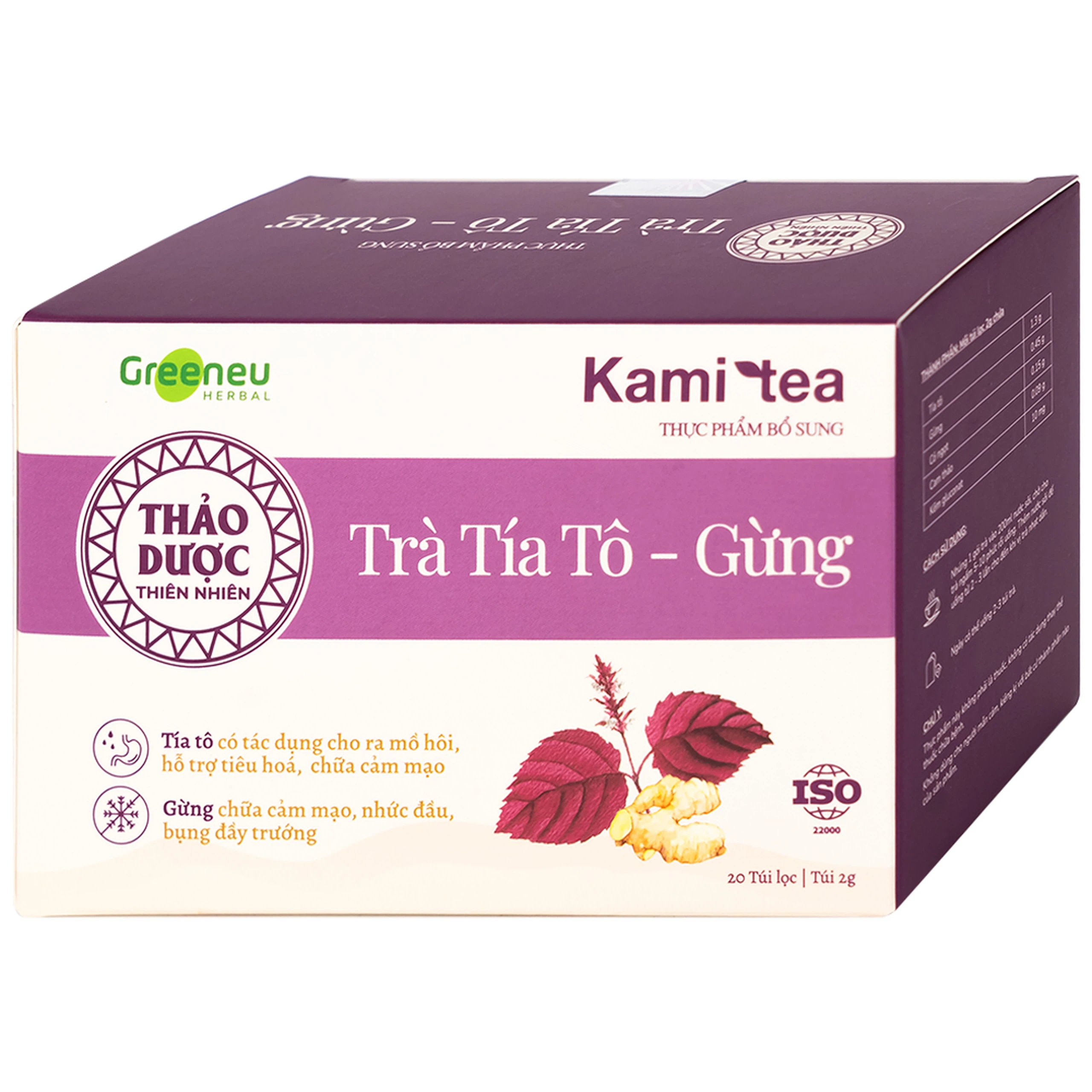 Trà Tía Tô – Gừng Kami Tea hỗ trợ tiêu hoá, chữa cảm mạo, nhức đầu, bụng dầy trướng (20 túi)