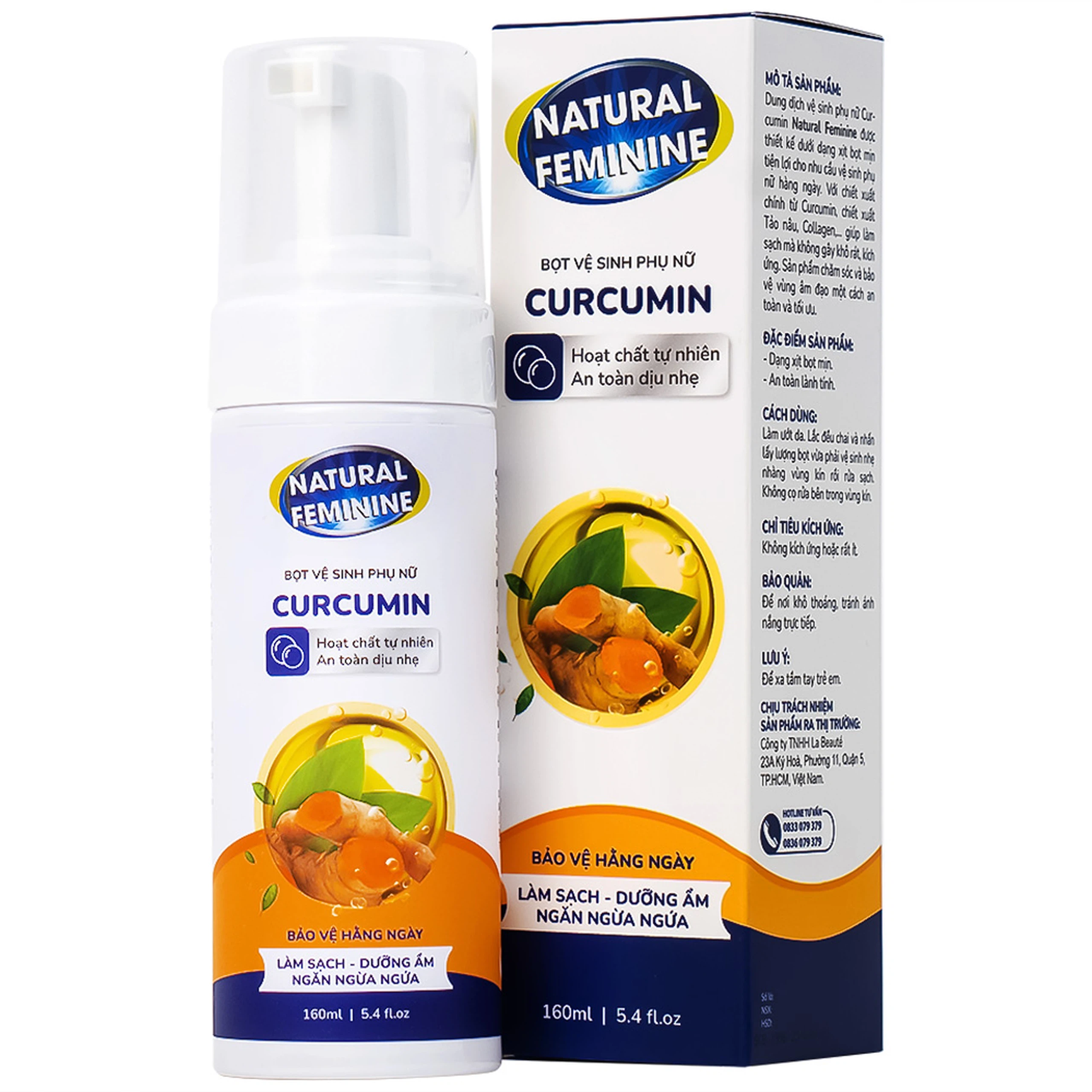 Bọt lau chùi và vệ sinh phụ phái đẹp Curcumin Natural Feminine làm sạch sẽ, chăm sóc độ ẩm, ngăn chặn ngứa (160ml)