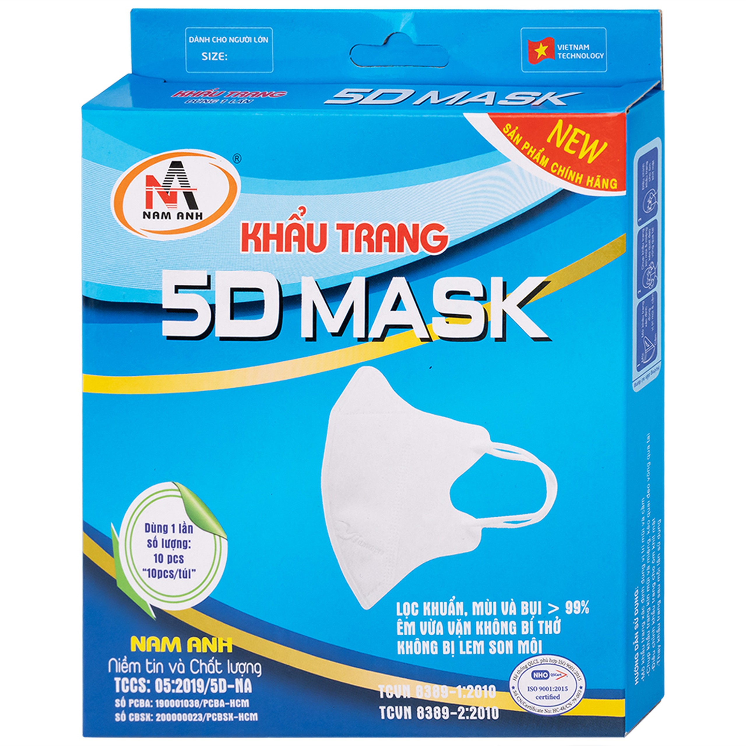 Khẩu trang 5D Mask Nam Anh lọc khuẩn, mùi và bụi trên 99% (10 cái)