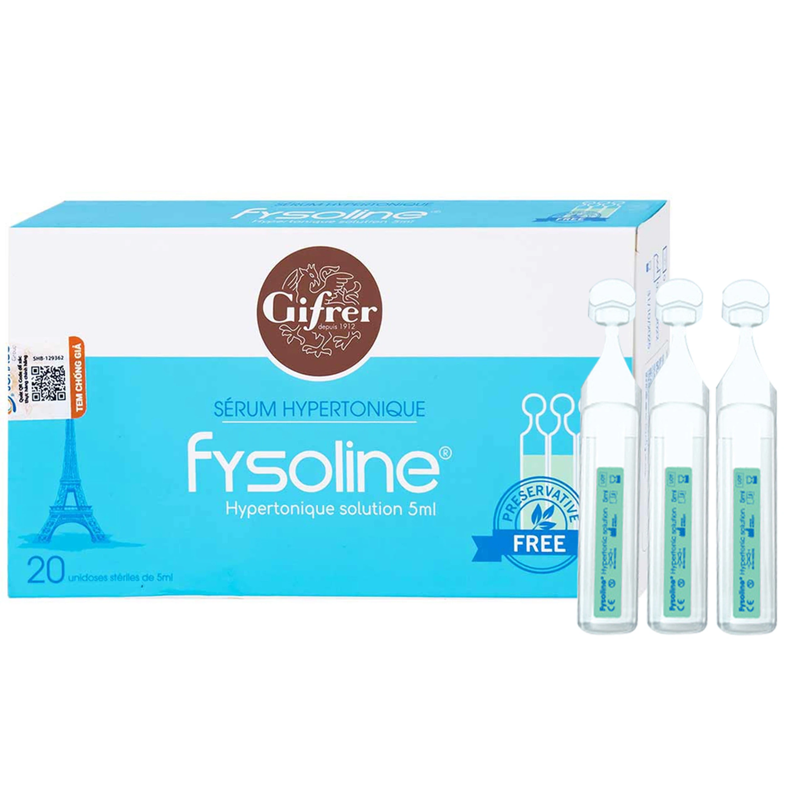 Dung dịch nước muối ưu trương Fysoline 5ml giảm ngạt mũi, khô mũi (20 ống)
