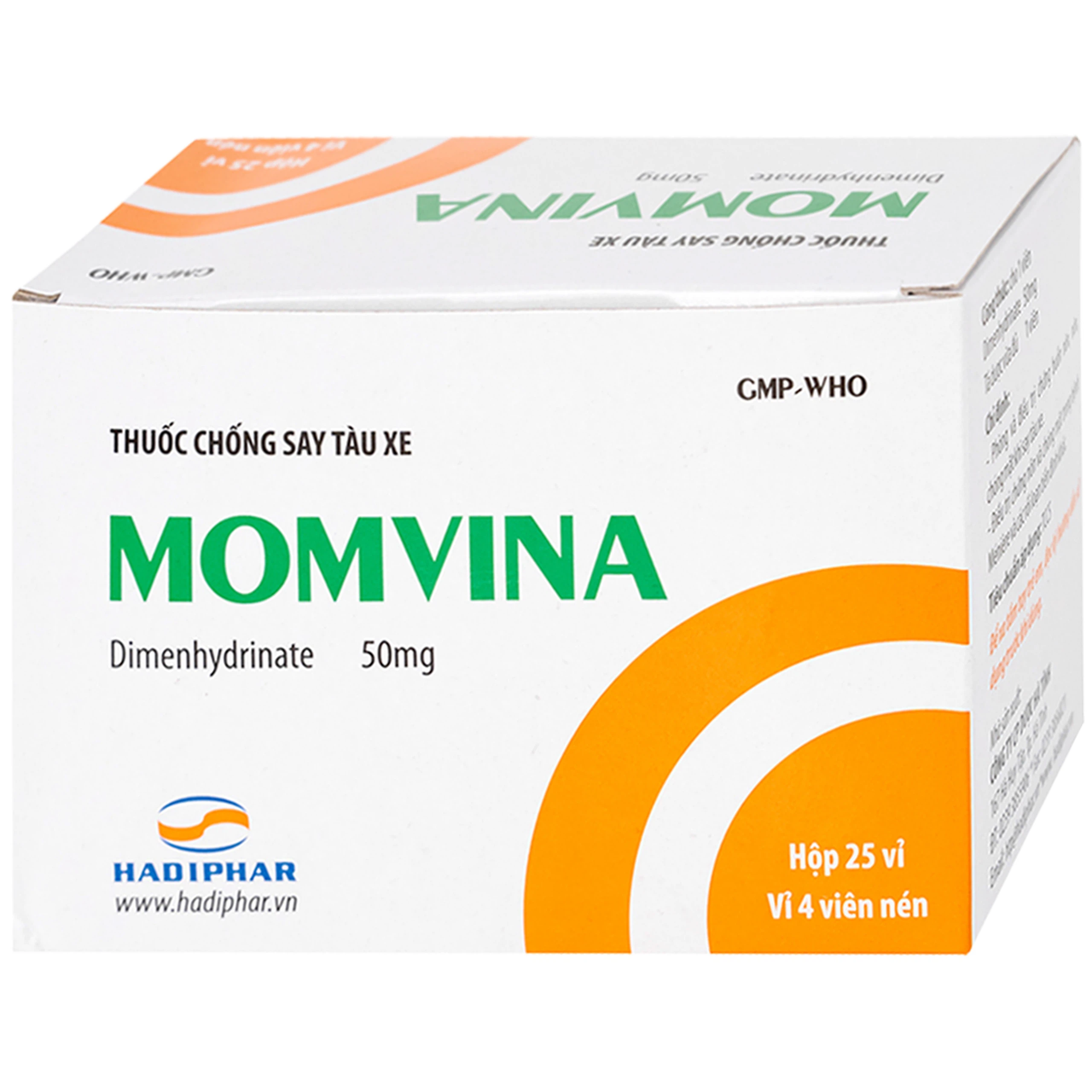 Thuốc chống say tàu xe Momvina Hadiphar điều trị chứng buồn nôn, nôn, chóng mặt (25 vỉ x 4 viên)