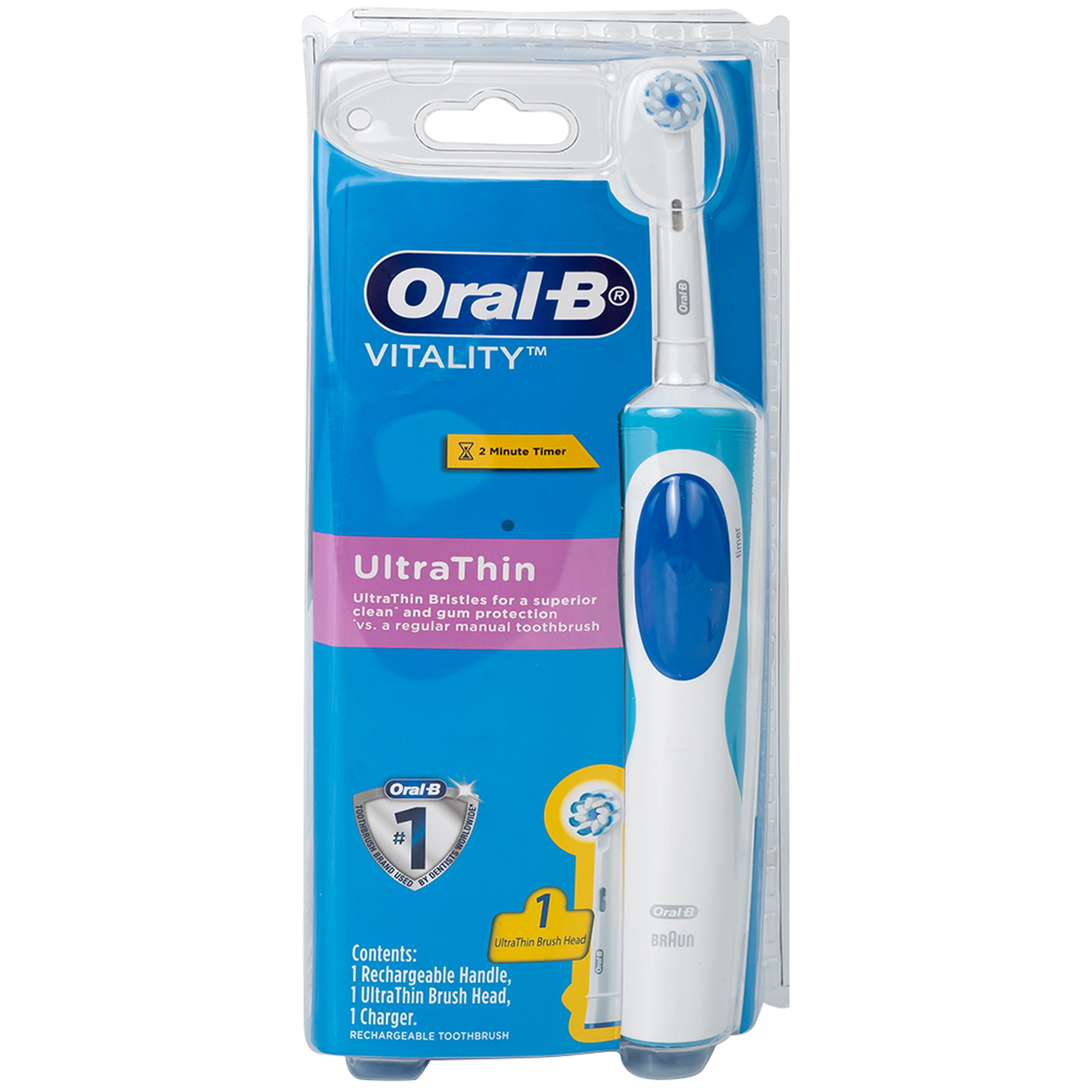 Bàn chải đánh răng điện Oral-B Vitality Ultrathin D12.513 giúp làm sạch mảng bám trên răng, loại bỏ các vết ố răng