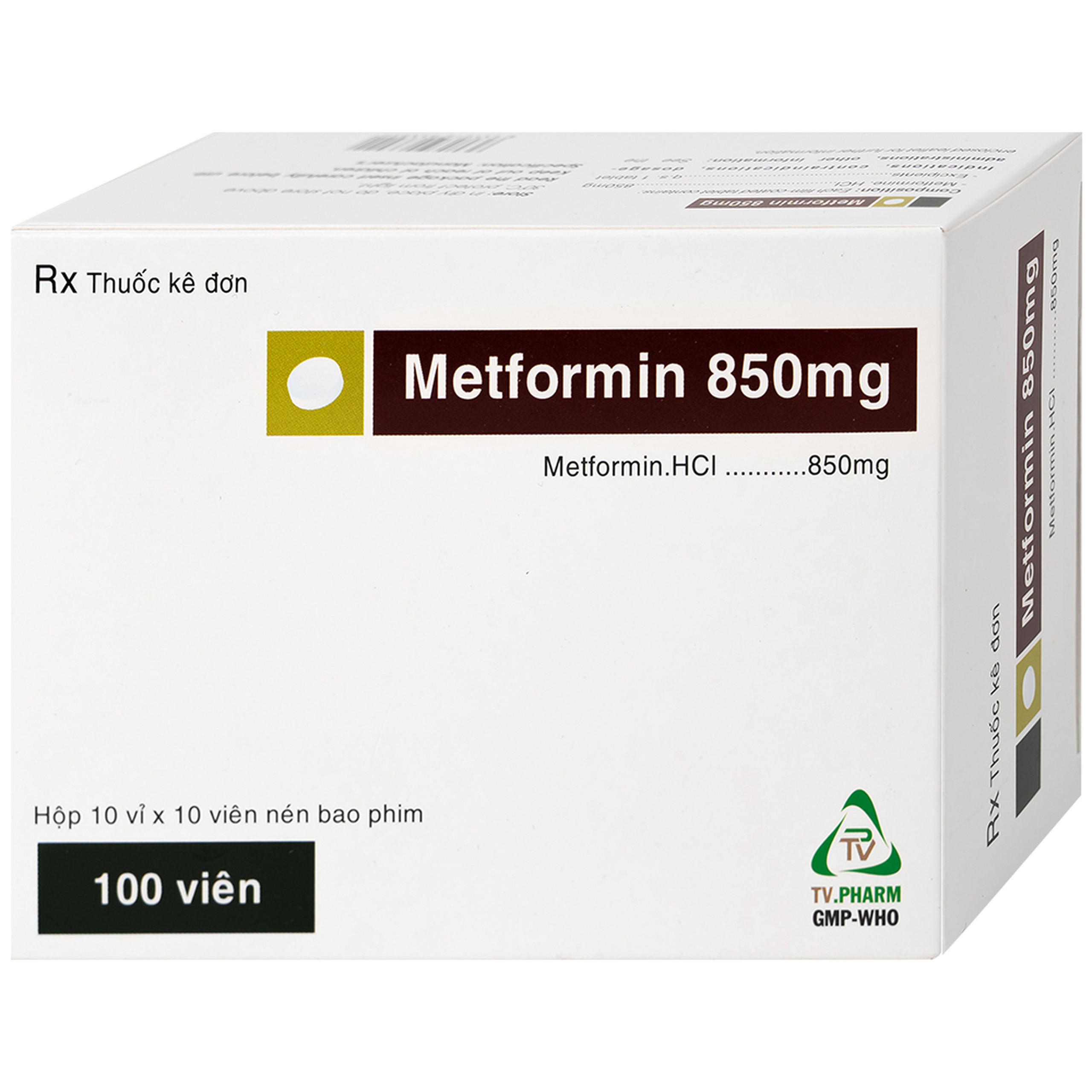 Thuốc Metformin 850mg TV.Pharm điều trị bệnh đái tháo đường (10 vỉ x 10 viên)