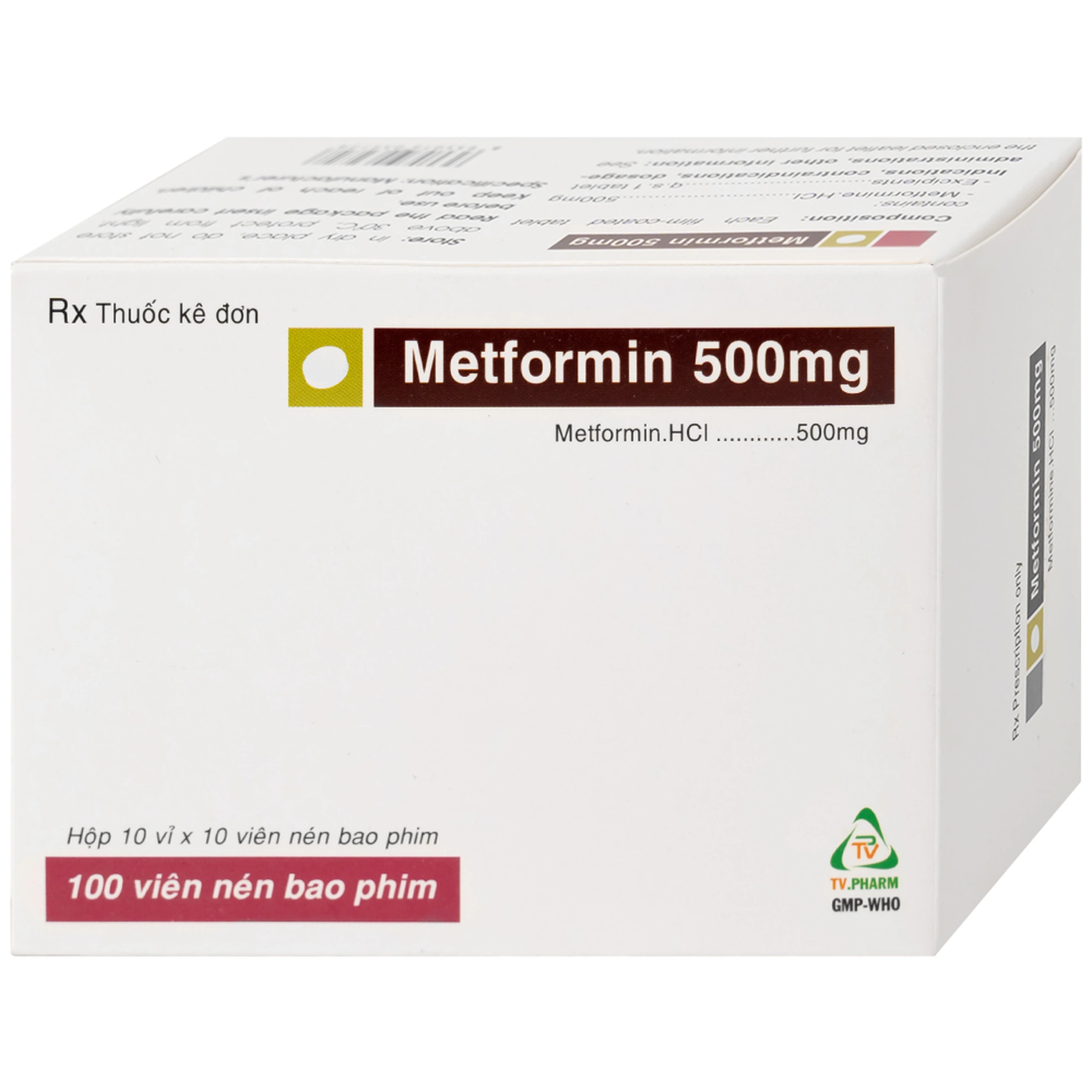 Thuốc Metformin 500mg TV Pharm điều trị đái tháo đường (10 vỉ x 10 viên)