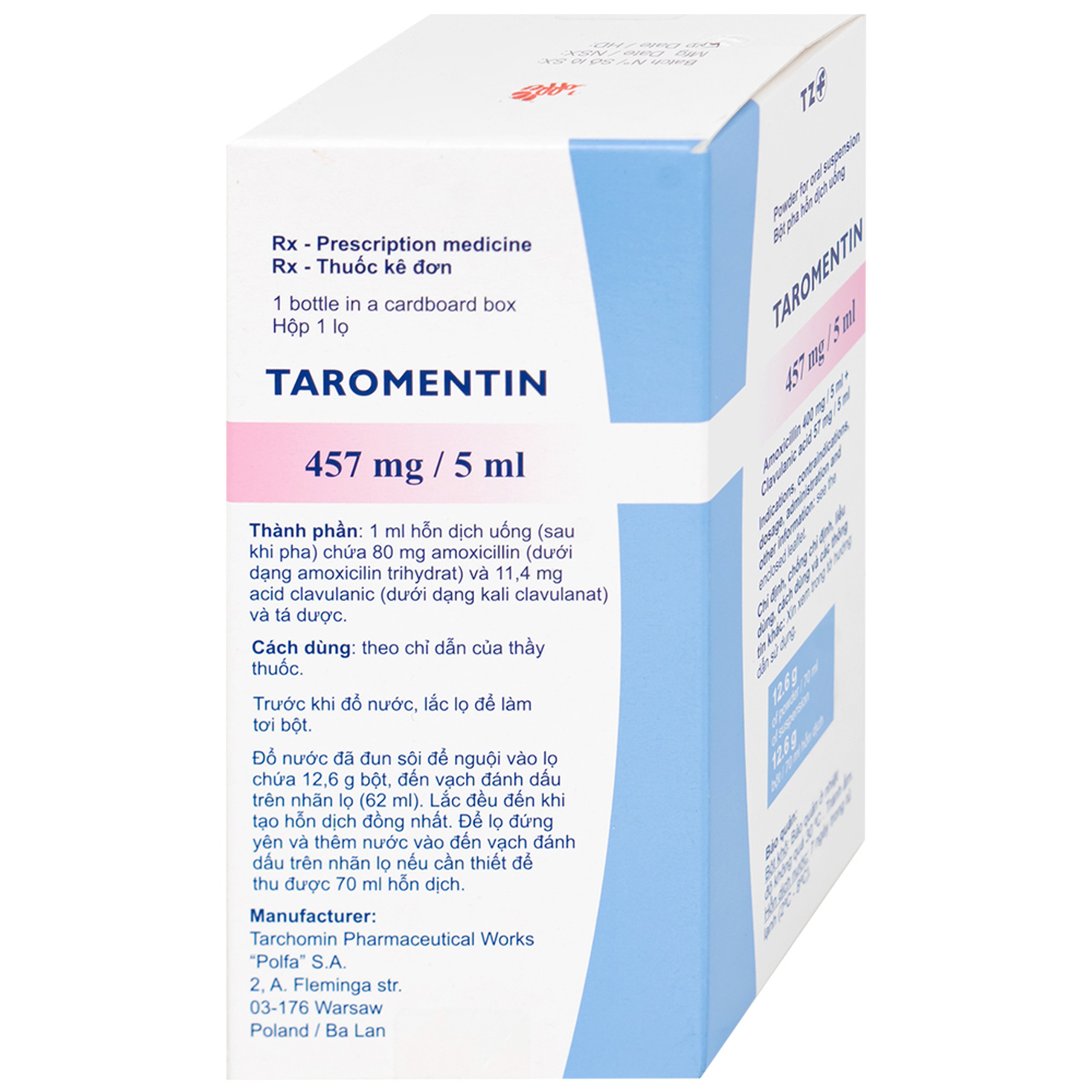Bột hỗn dịch uống Taromentin 457mg/5ml điều trị nhiễm trùng viêm xoang, tai giữa, đường hô hấp (12.6g)
