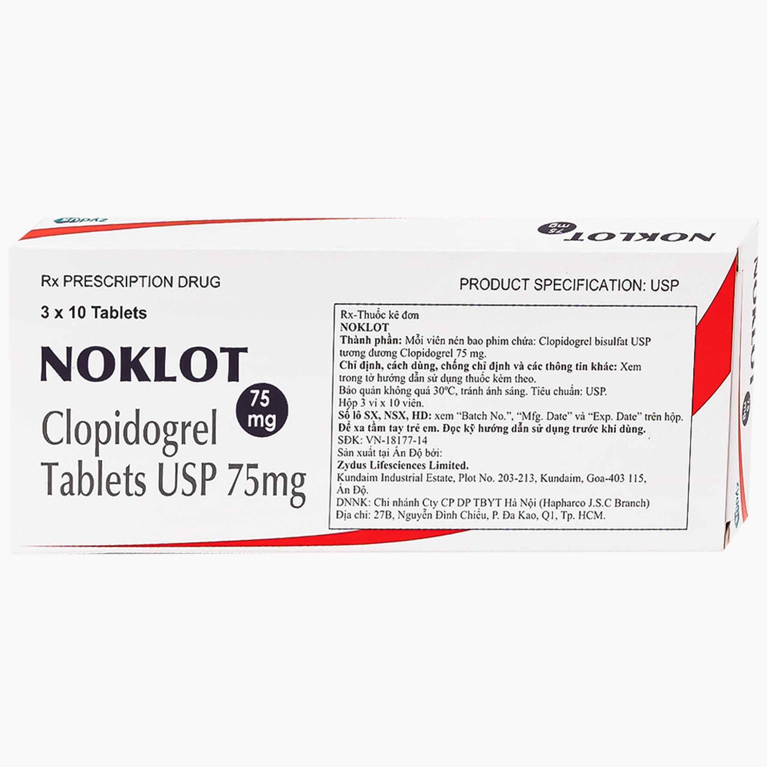 Thuốc Noklot 75mg Zydus phòng ngừa biến cố xơ vữa động mạch (3 vỉ x 10 viên)