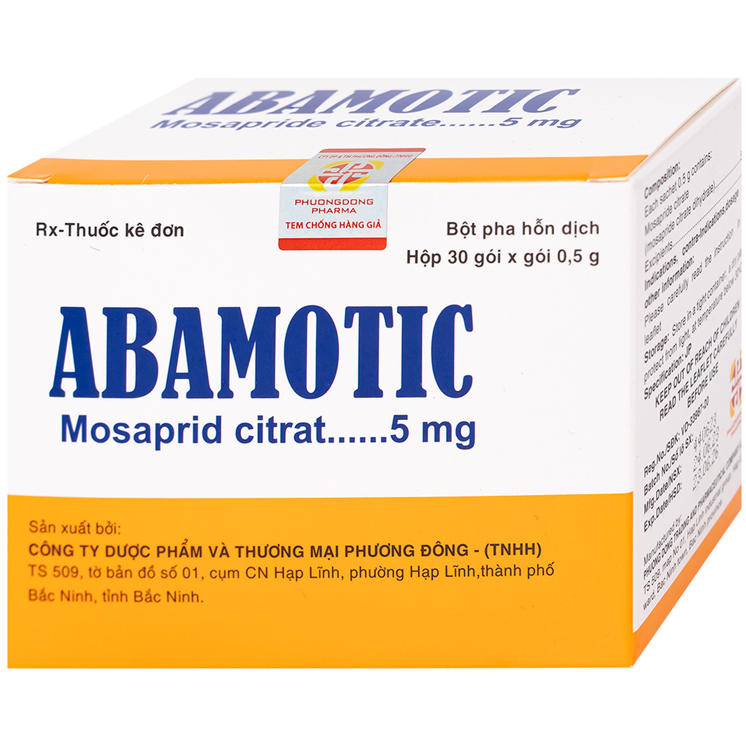 Bột pha uống Abamotic 5mg Phương Đông điều trị các triệu chứng tiêu hóa, viêm dạ dày (30 gói x 0,5g)