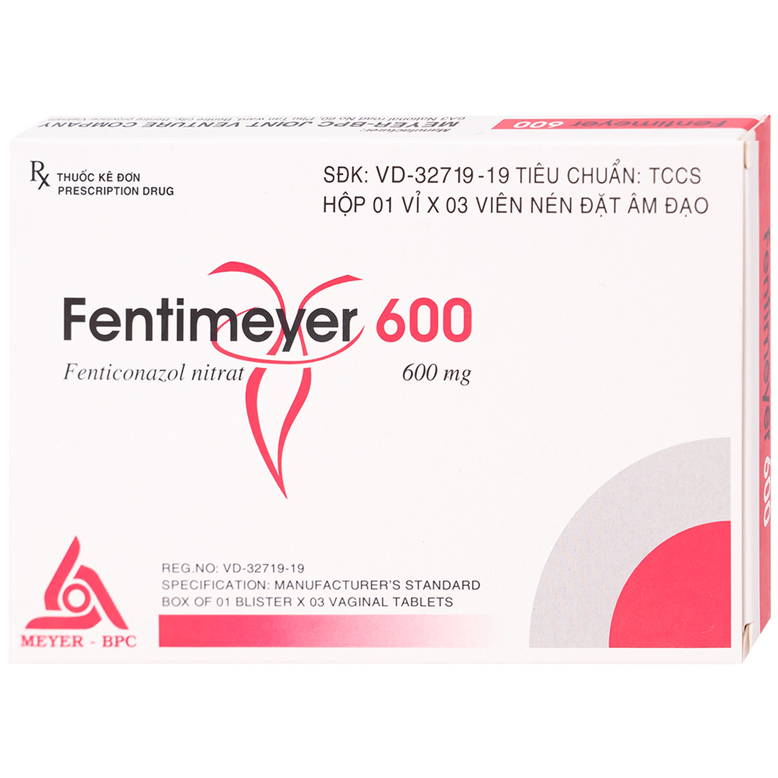 Viên đặt âm đạo Fentimeyer 600 Meyer-BPC điều trị bệnh nấm Candida sinh dục (1 vỉ x 3 viên)