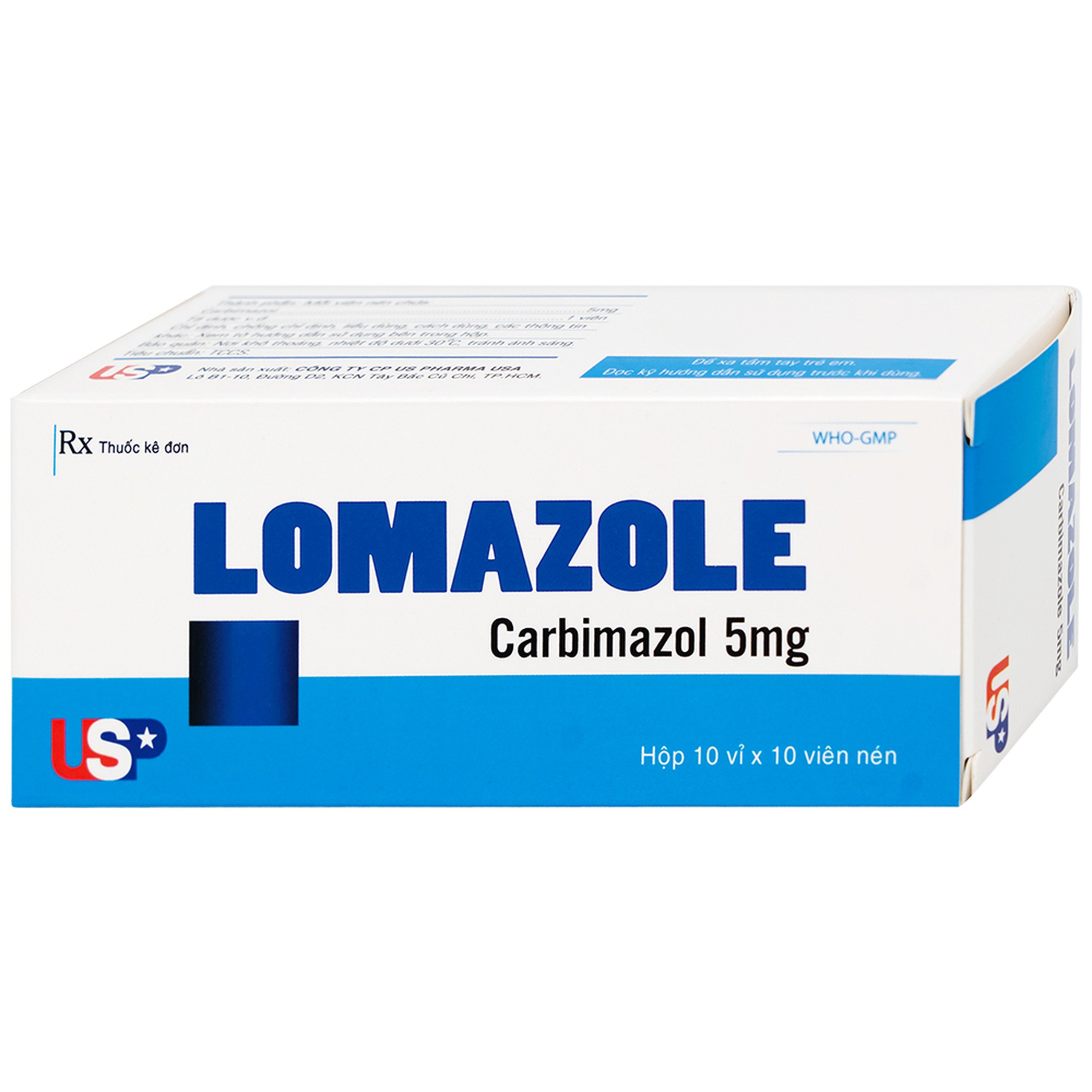 Thuốc Lomazole 5mg US Pharma điều trị bệnh Basedow, nhiễm độc tuyến giáp, cường giáp khi thai nghén (10 vỉ x 10 viên)