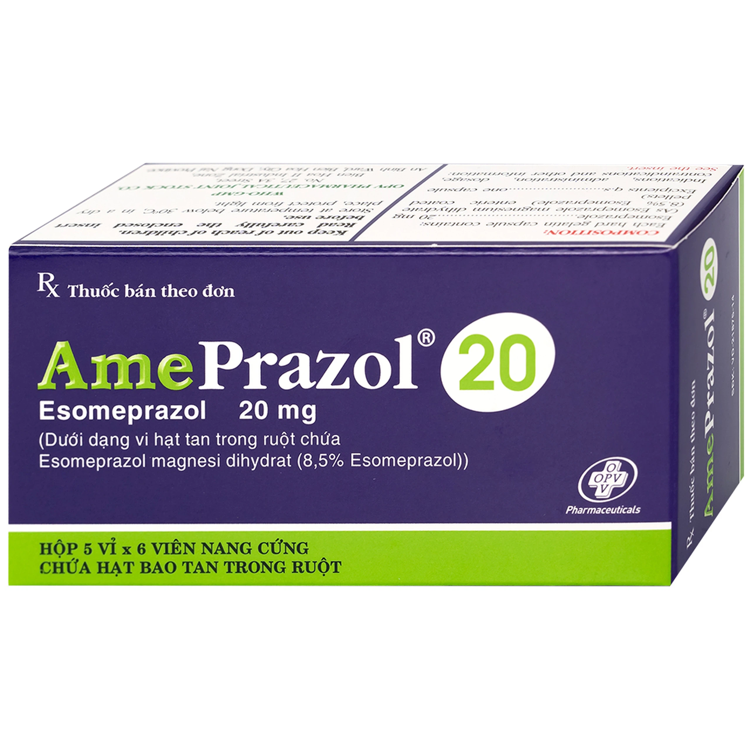Thuốc AmePrazol 20mg OPV điều trị bệnh trào ngược dạ dày thực quản (5 vỉ x 6 viên)