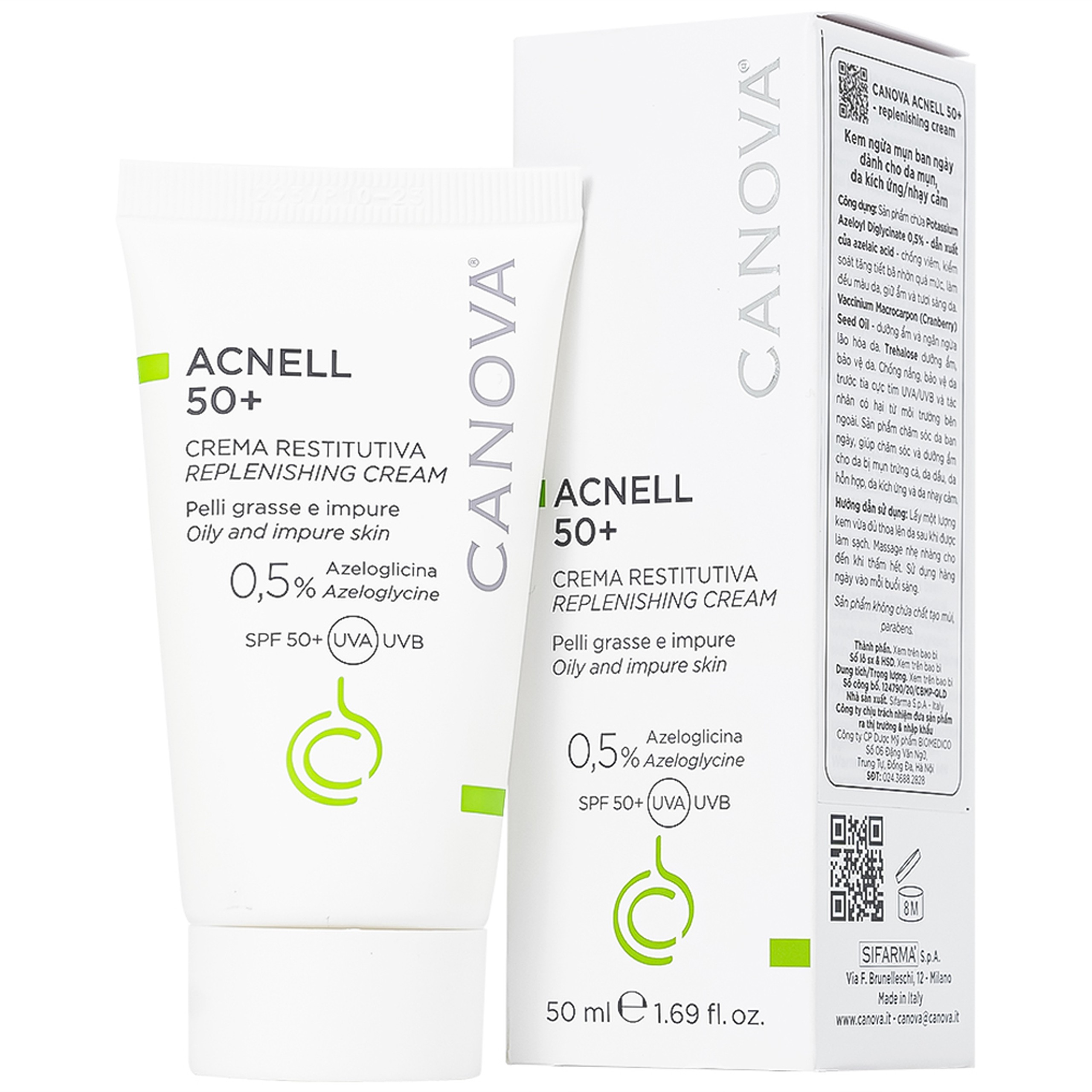 Kem ngừa mụn ban ngày Canova Acnell 50+ giúp chăm sóc và dưỡng ẩm cho da bị mụn, da kích ứng và da nhạy cảm (50ml)