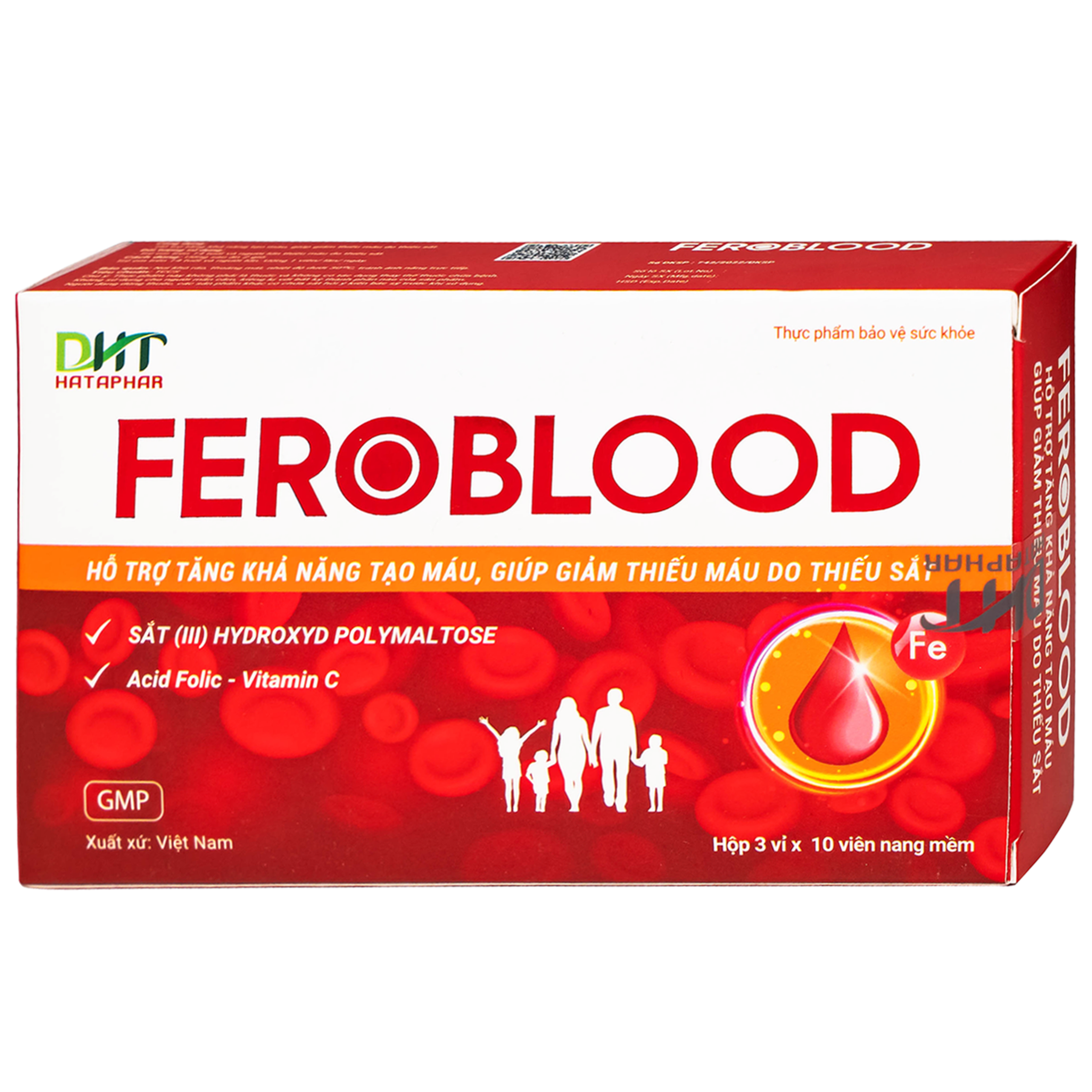 Viên uống Feroblood Hataphar hỗ trợ khả năng tạo máu, giúp giảm thiếu máu do thiếu sắt (3 vỉ x 10 viên)