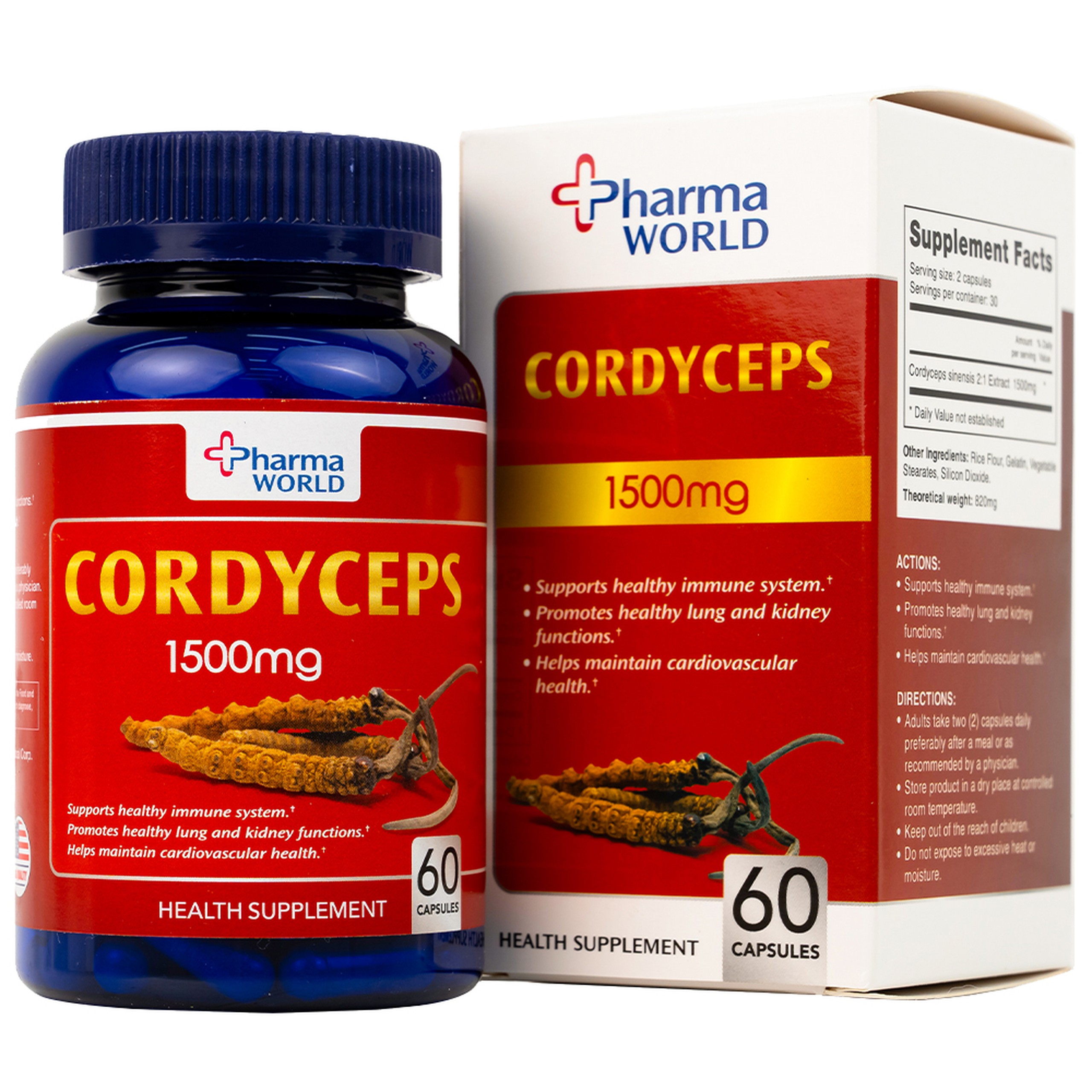 Viên uống Đông Trùng Hạ Thảo Pharma World Cordyceps 1500mg hỗ trợ tốt cho phổi và thận (60 viên)