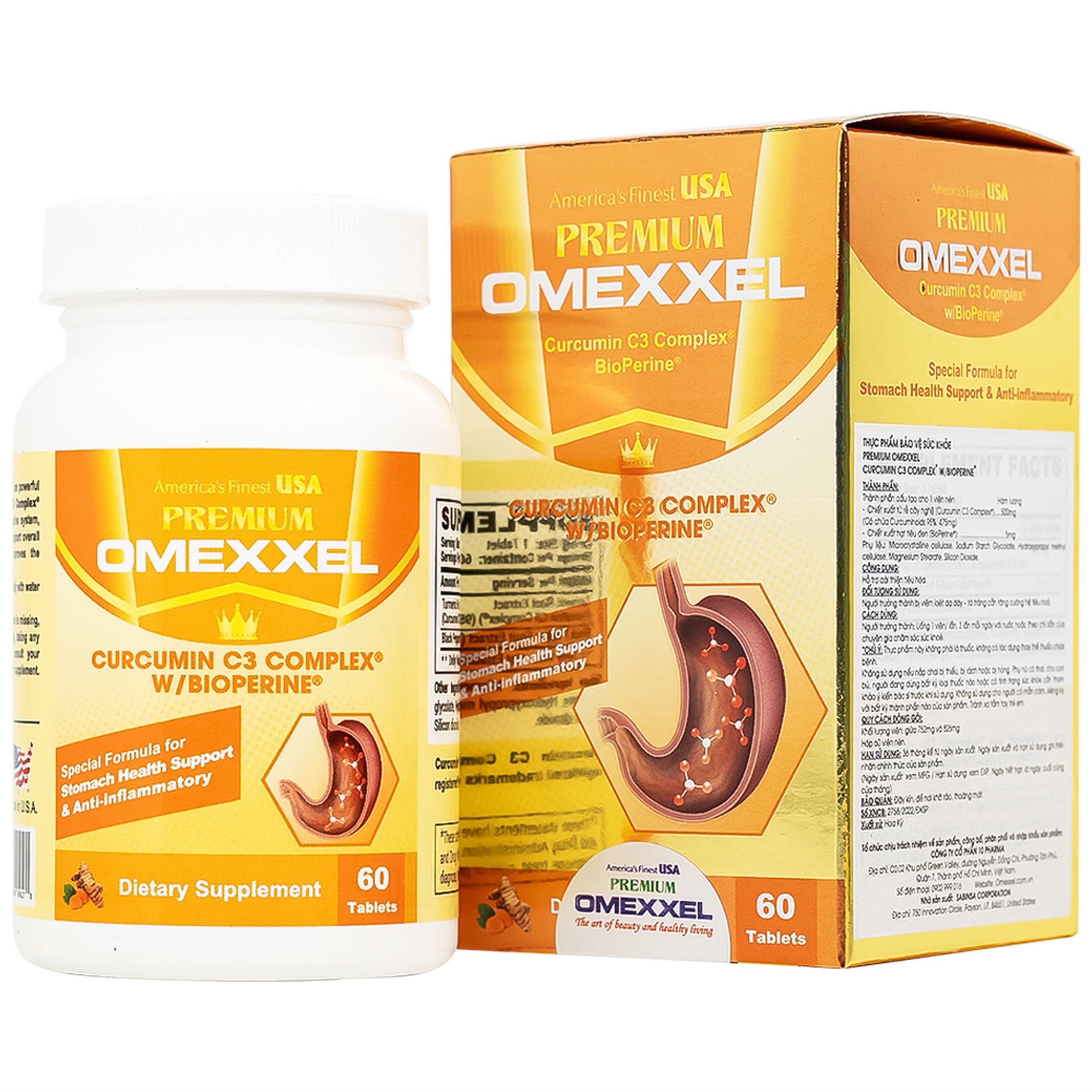 Viên uống Premium Omexxel Curcumin C3 Complex W/Bioperine hỗ trợ cải thiện tiêu hóa (60 viên)