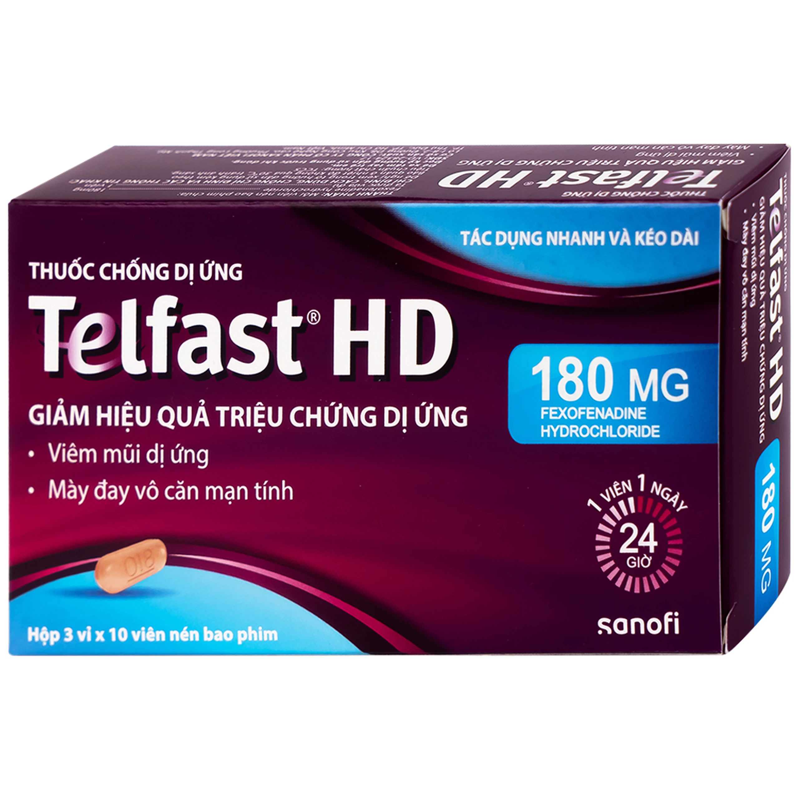 Thuốc chống dị ứng Telfast HD 180mg Sanofi giảm triệu chứng viêm mũi dị ứng, mày đay vô căn mạn tính (3 vỉ x 10 viên)