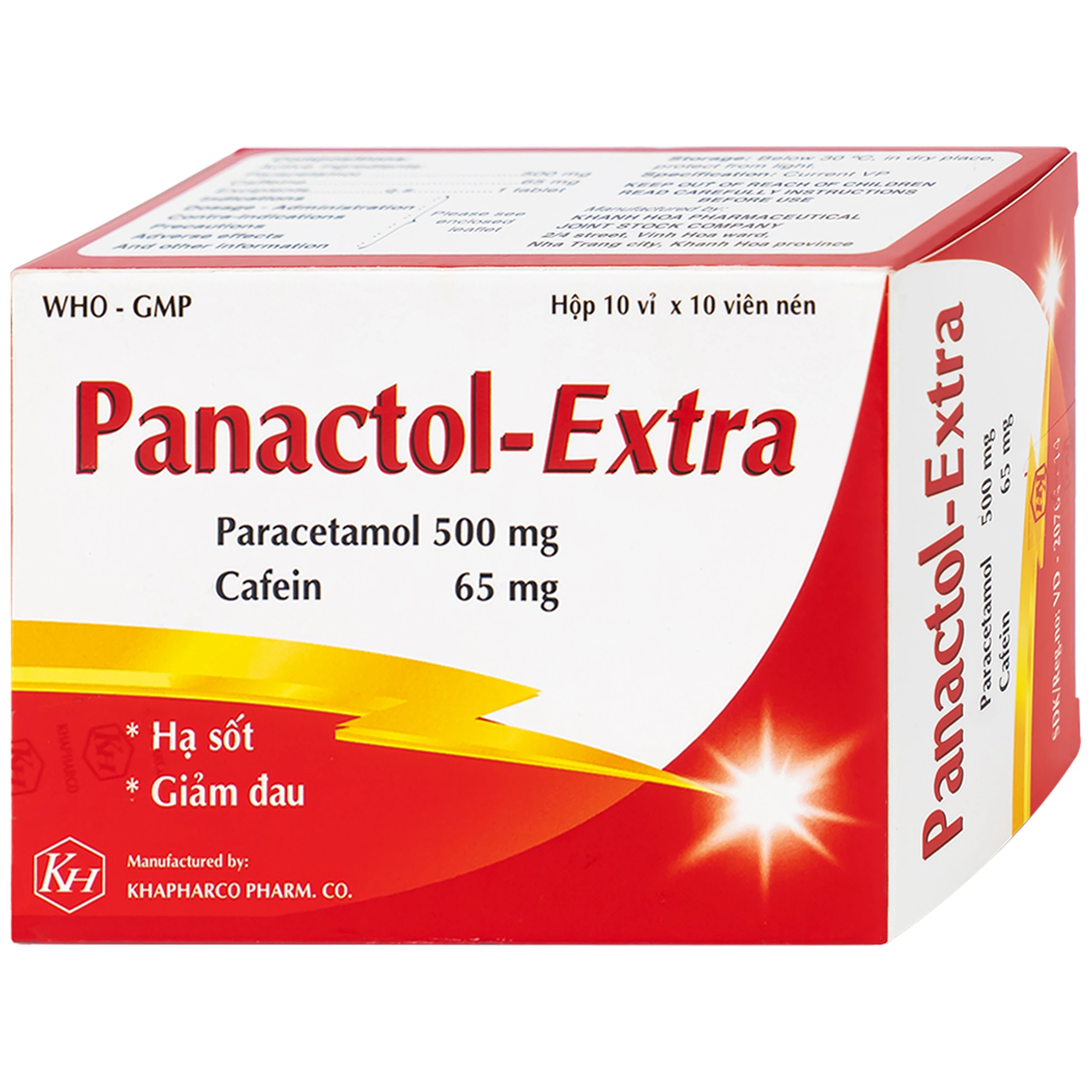 Viên nén Panactol Extra Khapharco hạ sốt, giảm đau (10 vỉ x 10 viên)