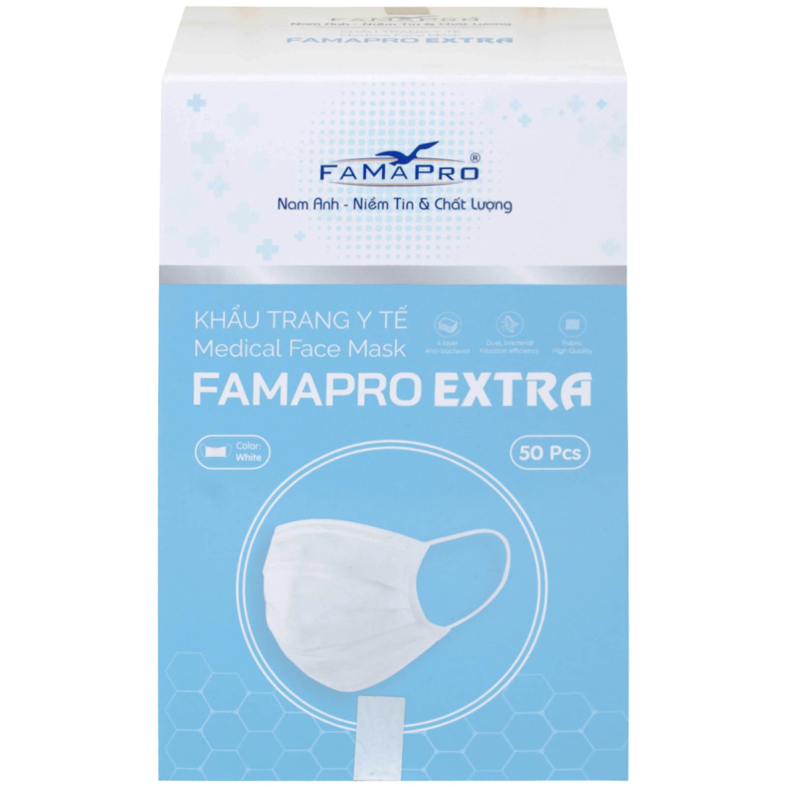 Khẩu trang y tế Famapro Extra màu trắng 4 lớp hỗ trợ ngăn khói, bụi, kháng khuẩn (50 cái)