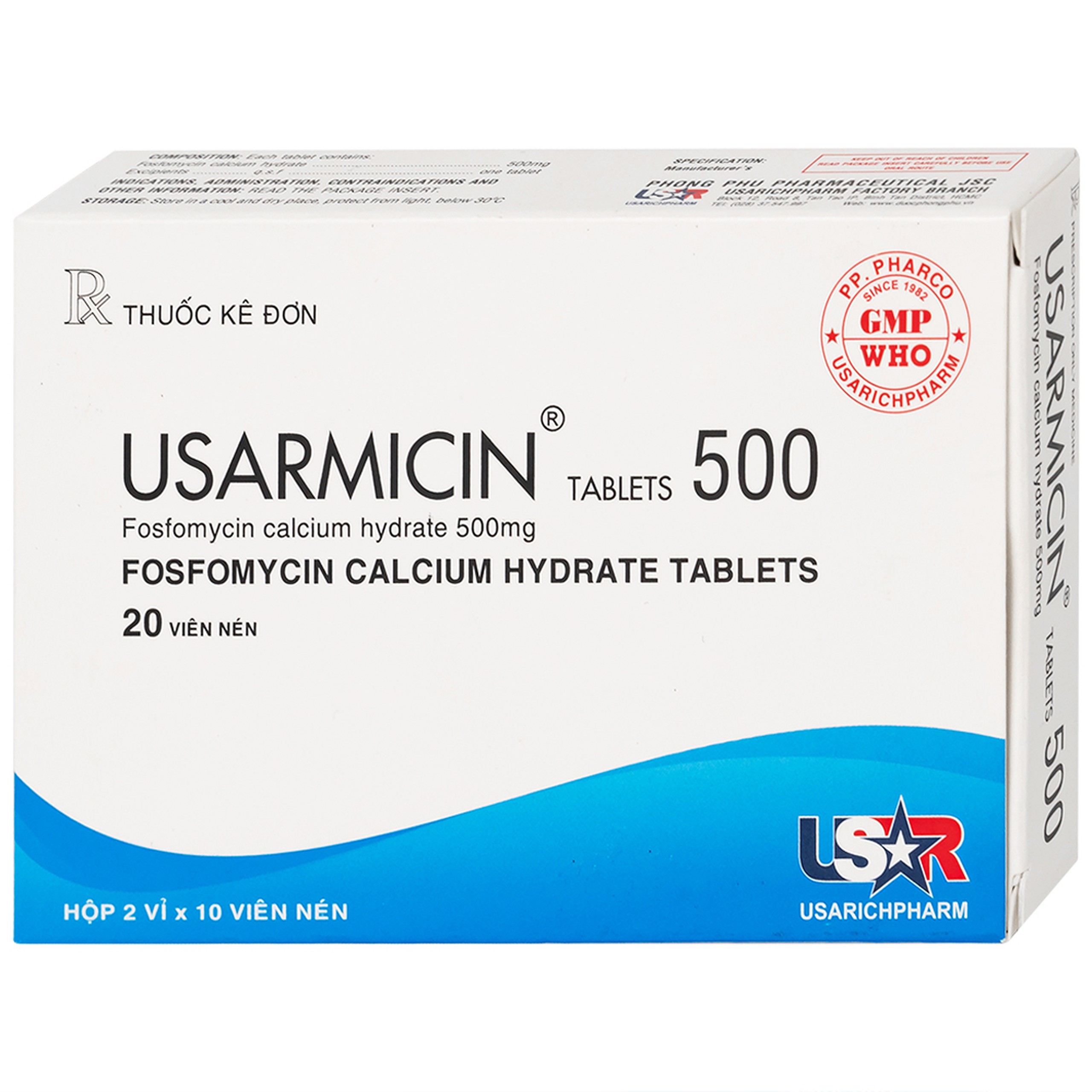 Thuốc Usarmicin Tablets 500 UsarichPharm điều trị nhiễm khuẩn đường tiết niệu (2 vỉ x 10 viên)