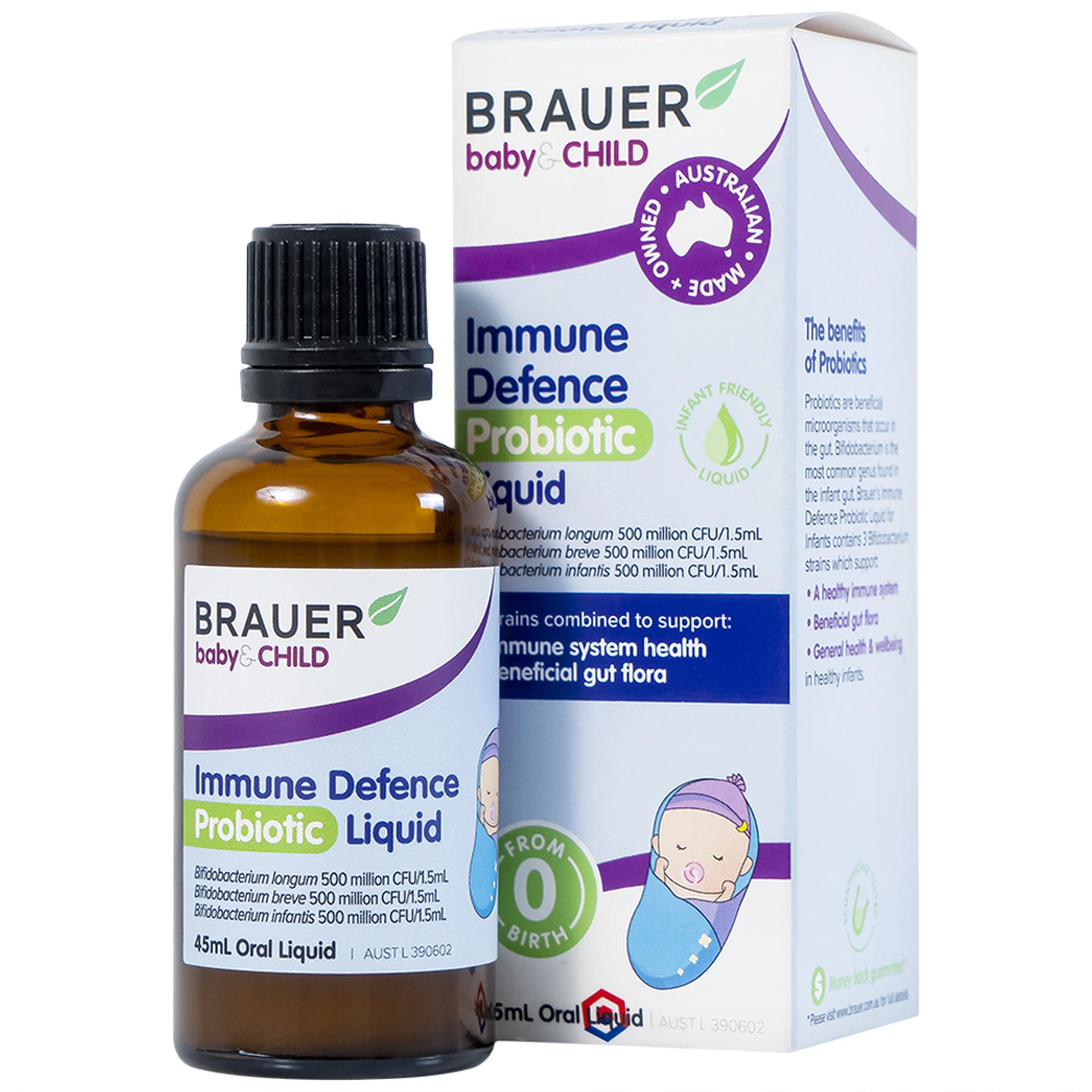 Siro Immune Defence Probiotic Liquid Brauer giúp tăng cường sức đề kháng và tốt cho đường ruột (45ml)