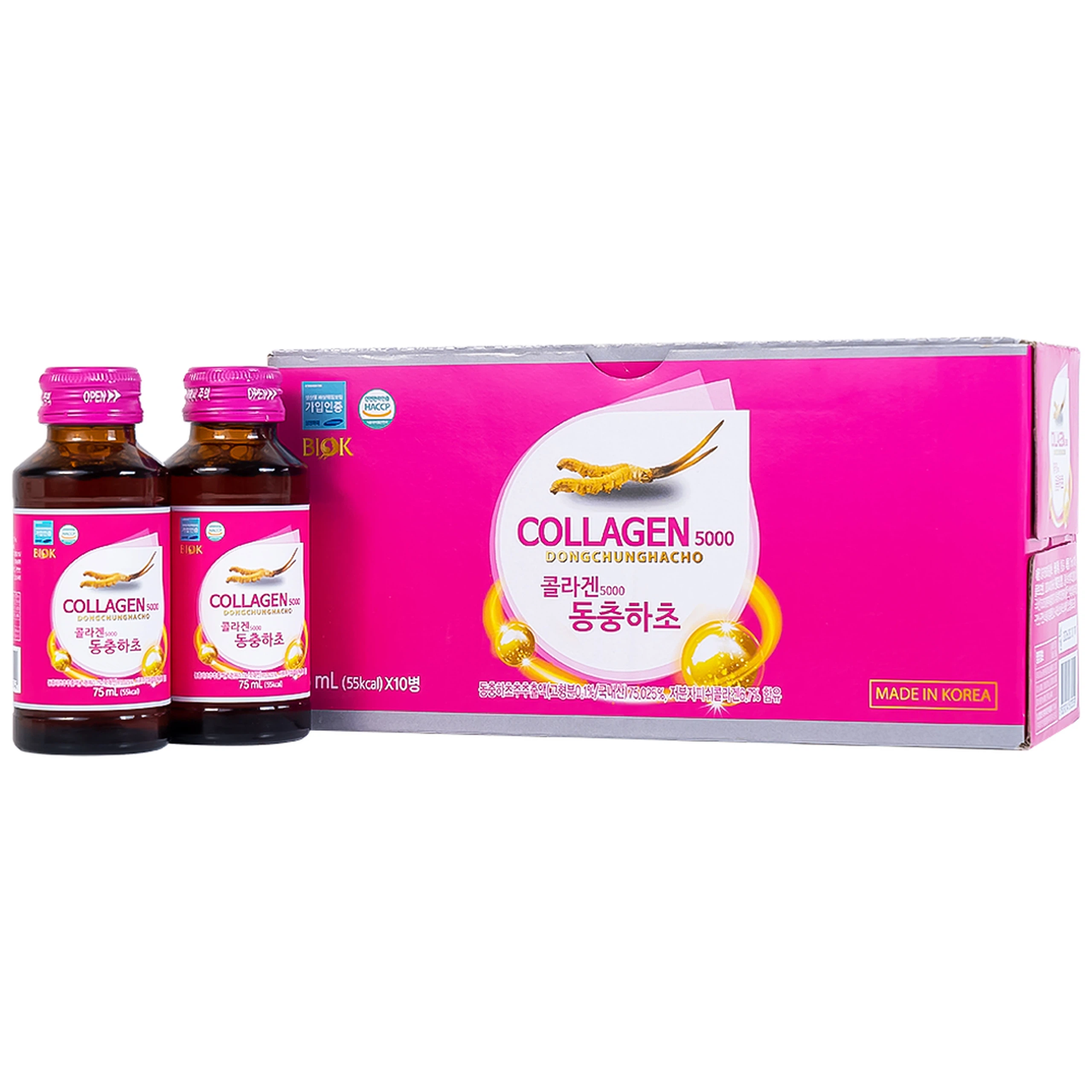 Nước Collagen5000 Đông Trùng Hạ Thảo Biok hỗ trợ ngăn ngừa quá trình lão hóa, tăng cường đề kháng (10 chai x 75ml)