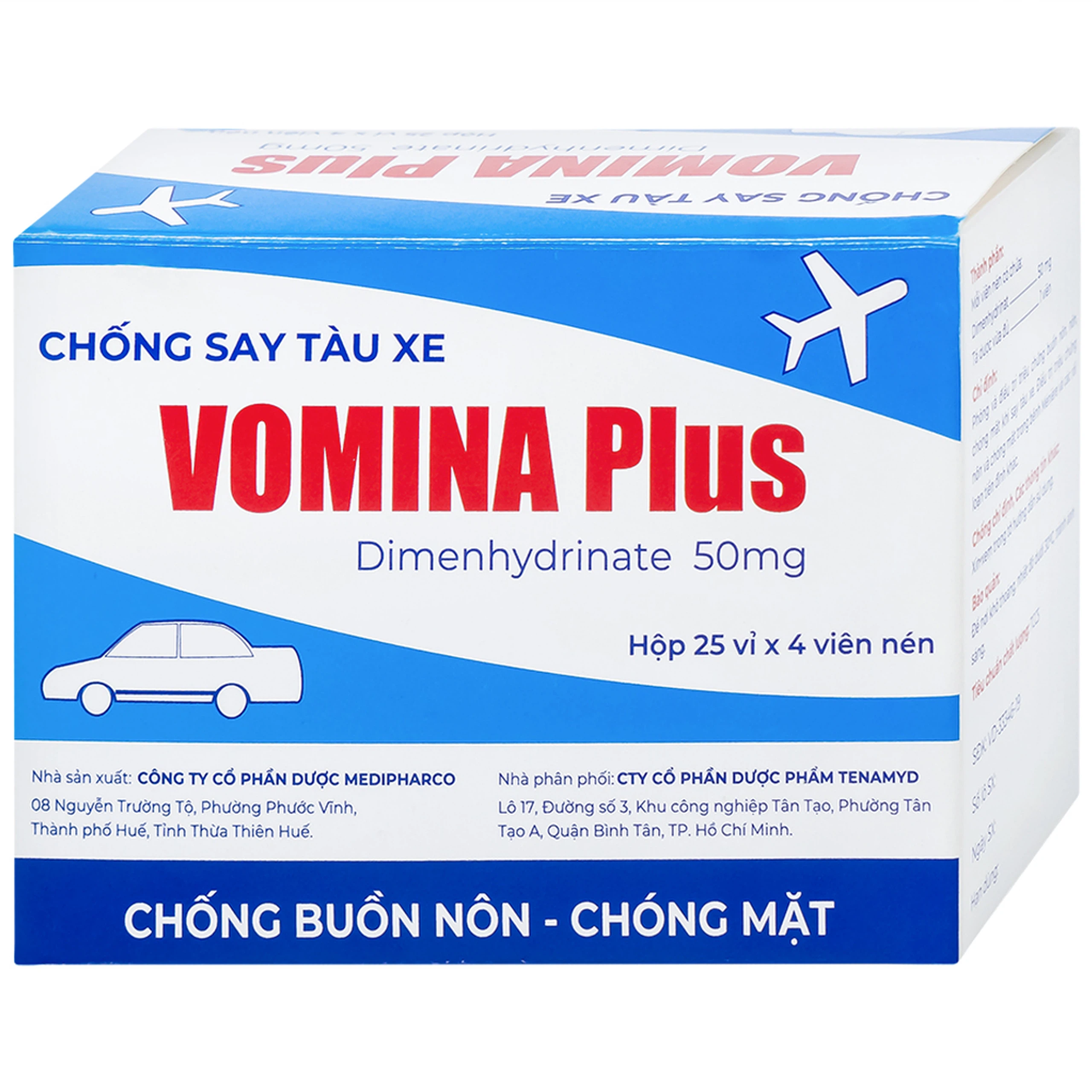 Thuốc Vomina Plus 50mg Medipharco phòng và điều trị triệu chứng buồn nôn, chóng mặt khi say tàu xe (25 vỉ x 4 viên)