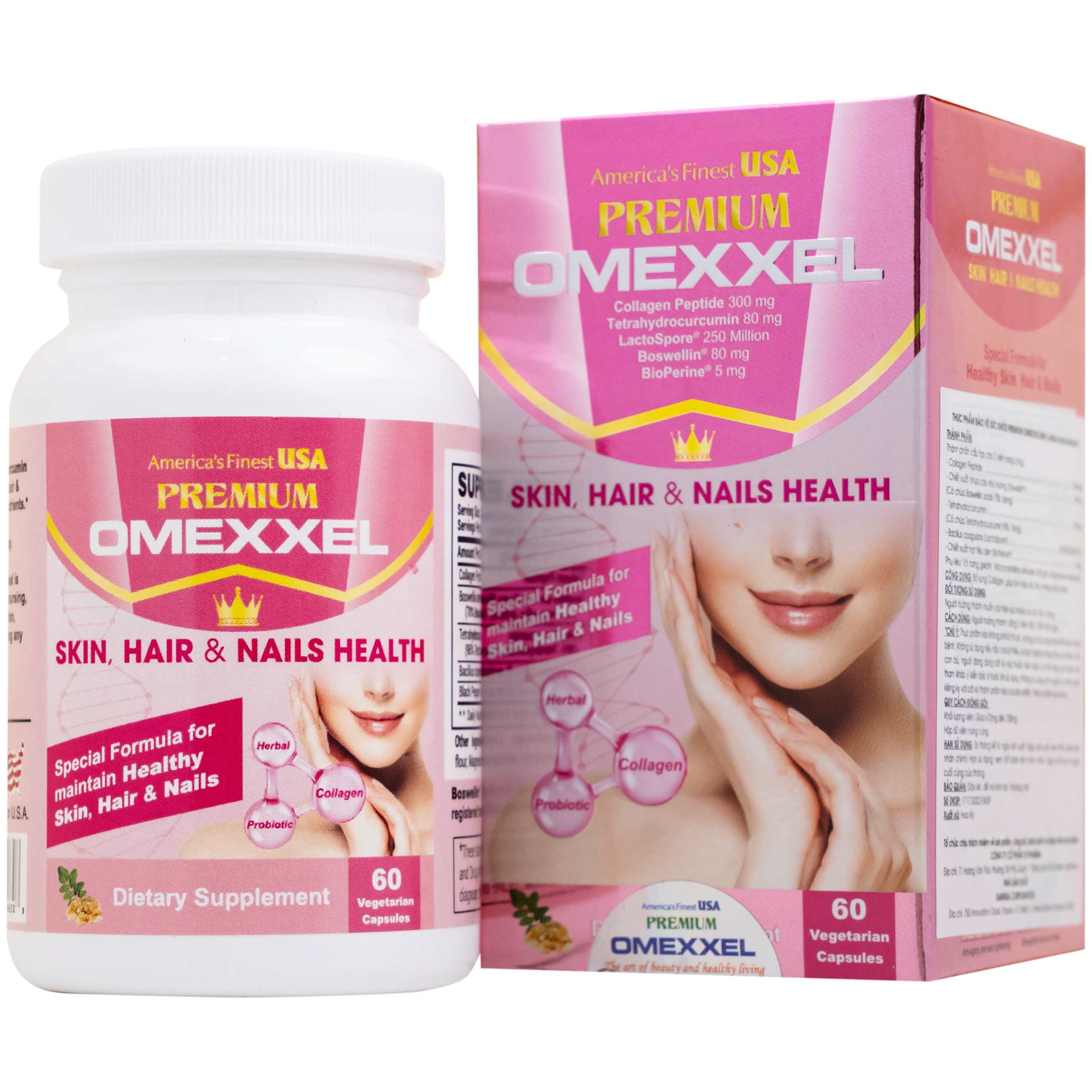 Thực phẩm bảo vệ sức khỏe Premium Omexxel Skin, Hair & Nails Health bổ sung collagen, giúp làm đẹp da, tóc, móng (60 viên)