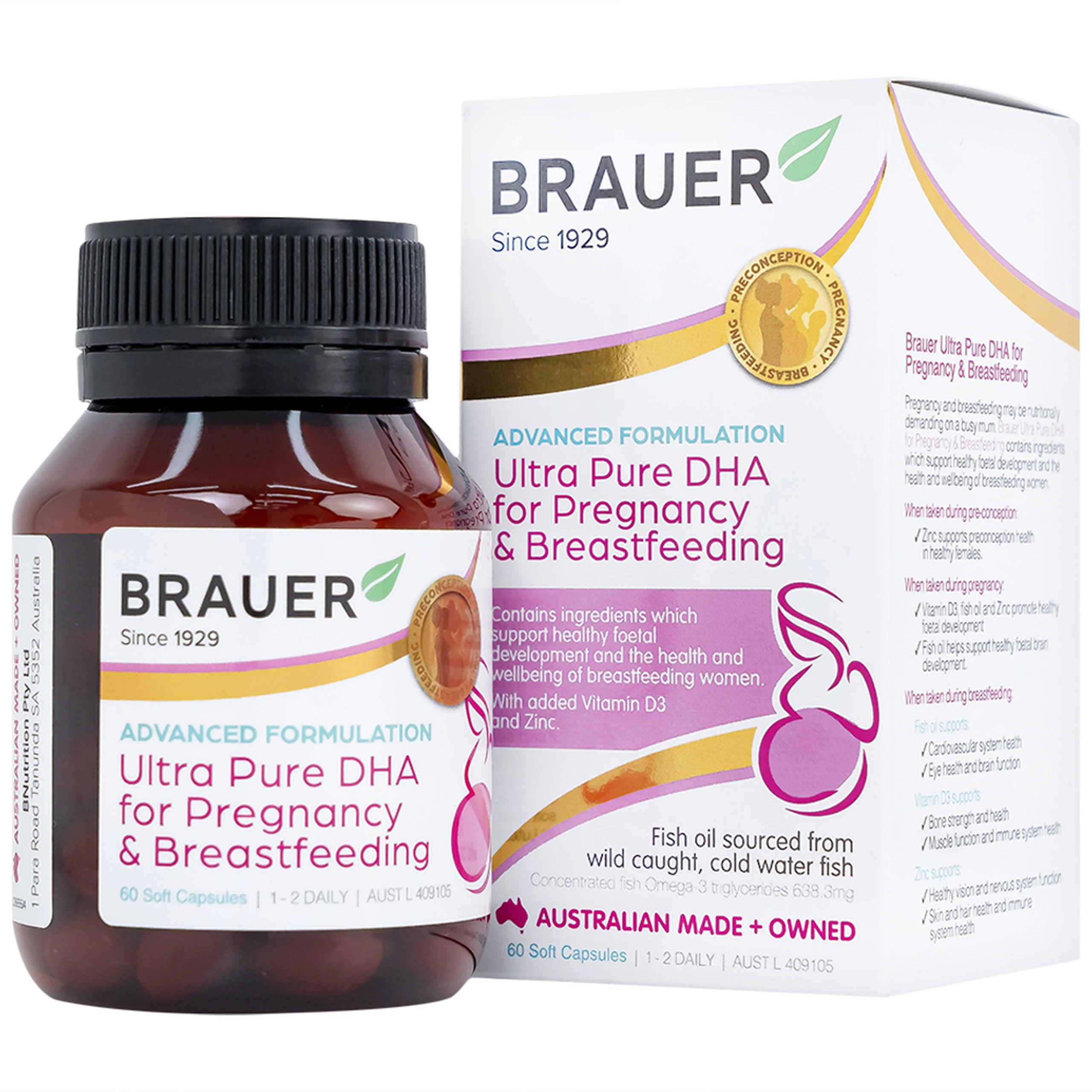Viên uống hỗ trợ phụ nữ mang thai và phụ nữ cho con bú Brauer Ultra Pure Dha For Pregnancy & Breastfeeding (Hộp 60 viên)