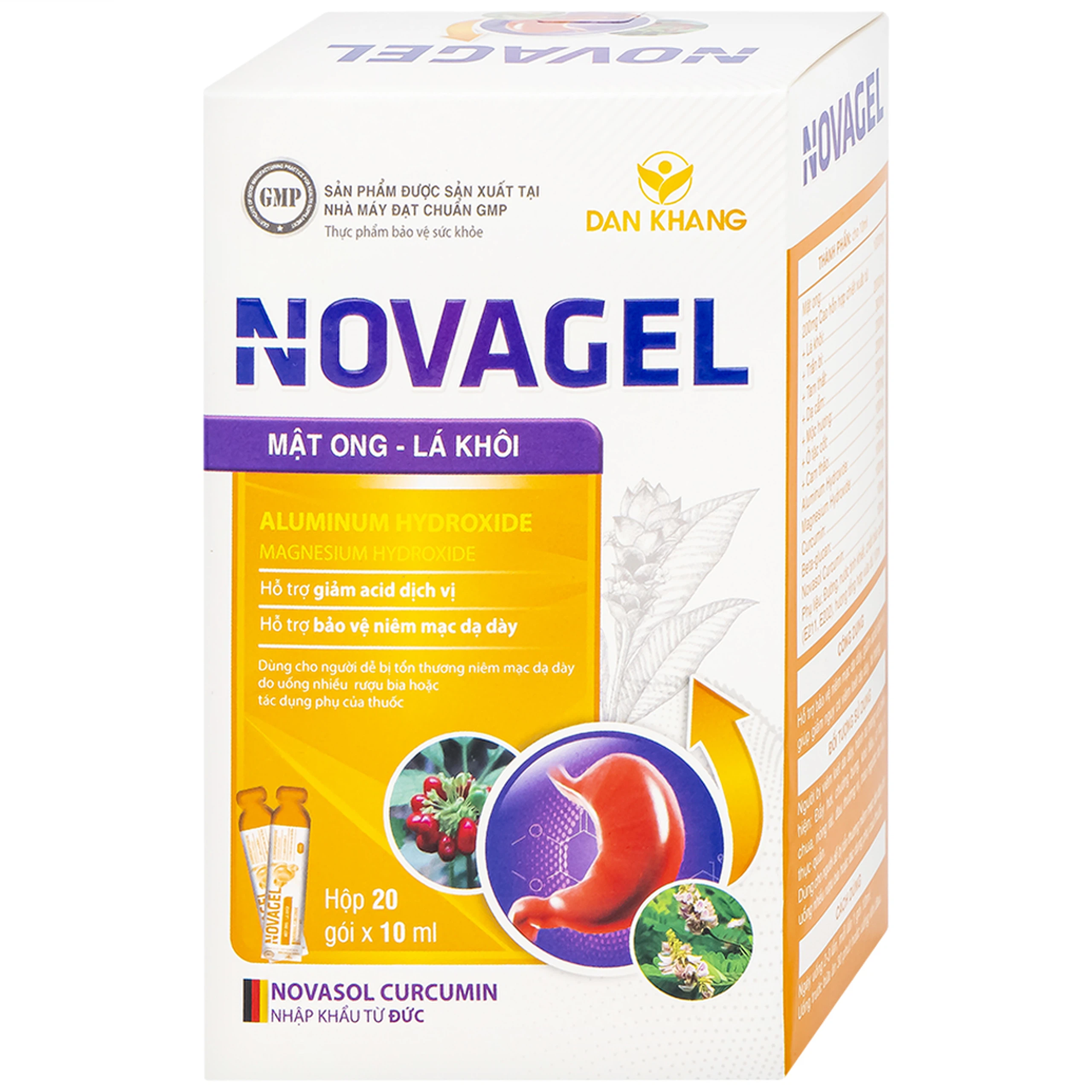 Thực phẩm bảo vệ sức khỏe Novagel Dân Khang hỗ trợ giảm acid dịch vị, bảo vệ niêm mạc dạ dày (Hộp 20 gói x 10ml)