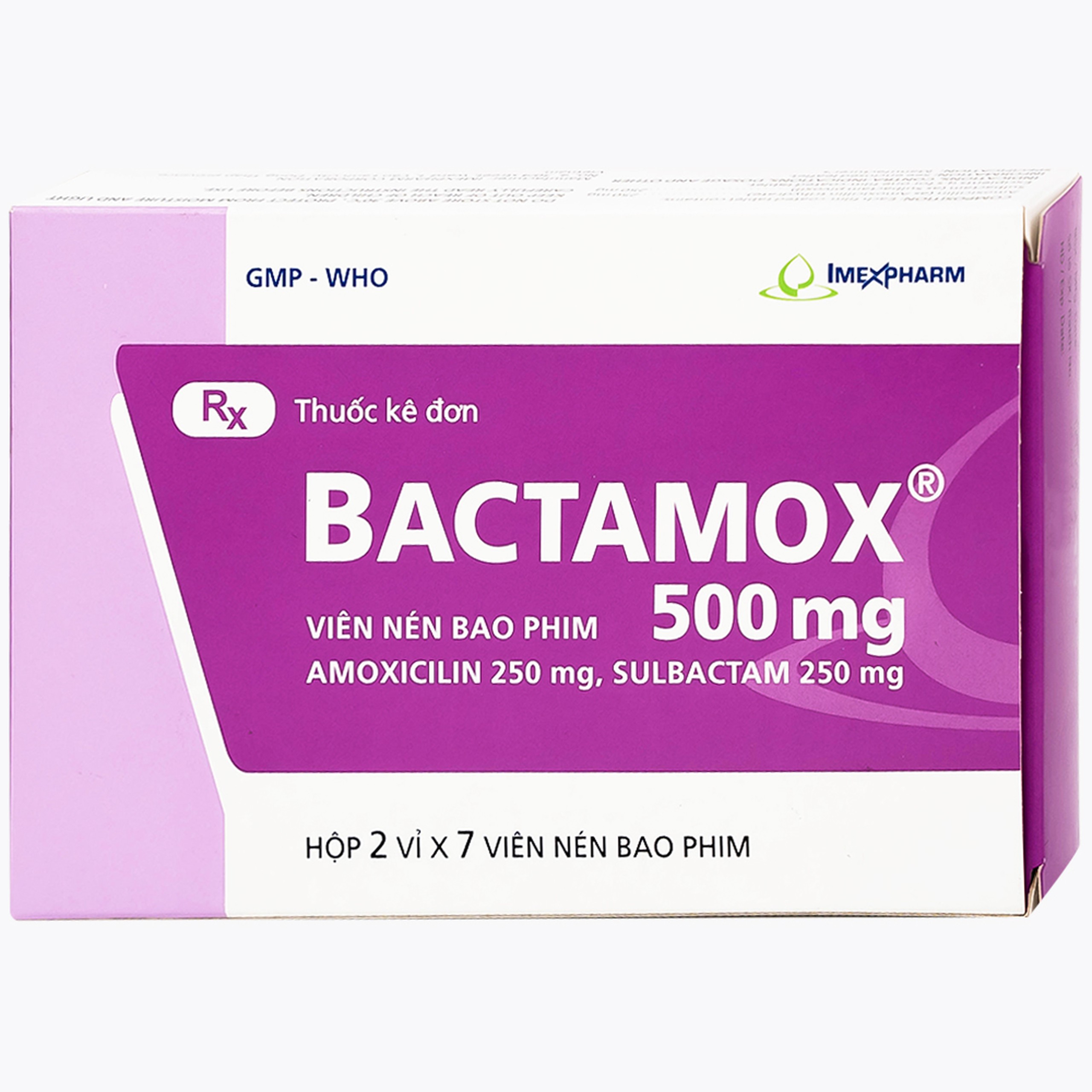 Thuốc Bactamox 500mg Imexpharm điều trị nhiễm khuẩn đường hô hấp dưới, viêm tai giữa (2 vỉ x 7 viên)
