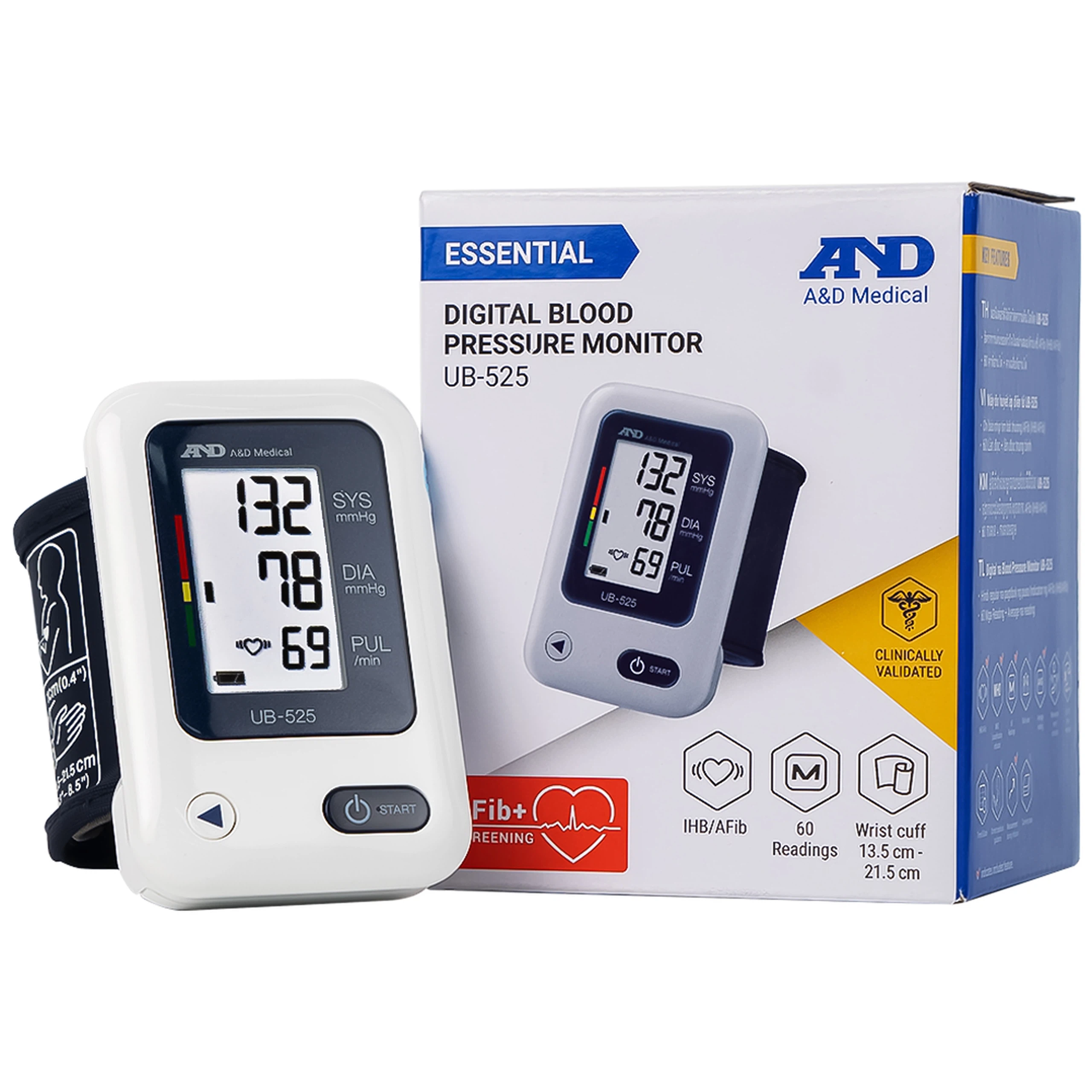 Máy đo huyết áp cổ tay tự động AND UB-525  hỗ trợ đo huyết áp, cảnh báo đột quỵ