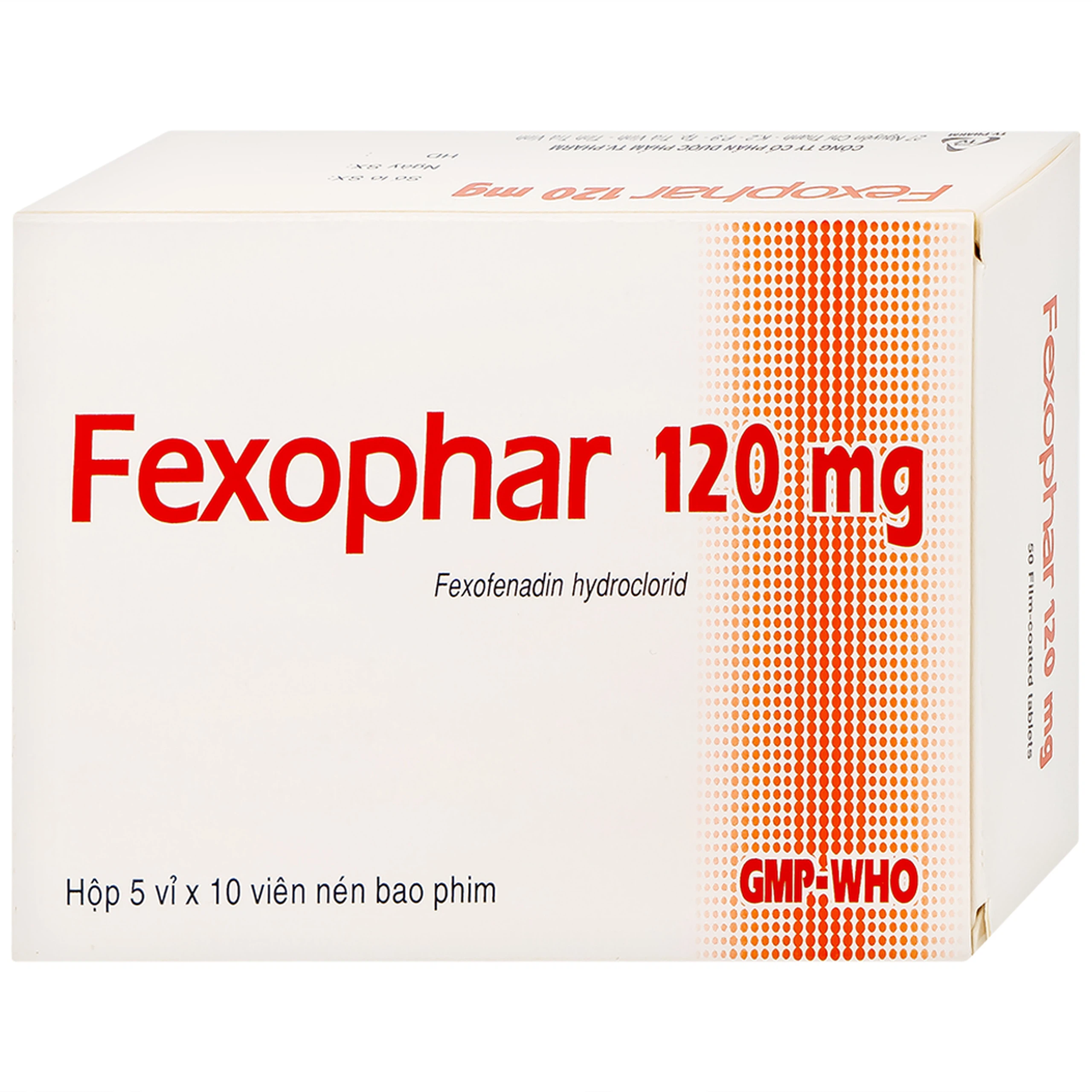 Viên nén Fexophar 120mg TV.Pharm điều trị triệu chứng viêm mũi dị ứng, sổ mũi, hắt hơi, dị ứng da (5 vỉ x 10 viên)
