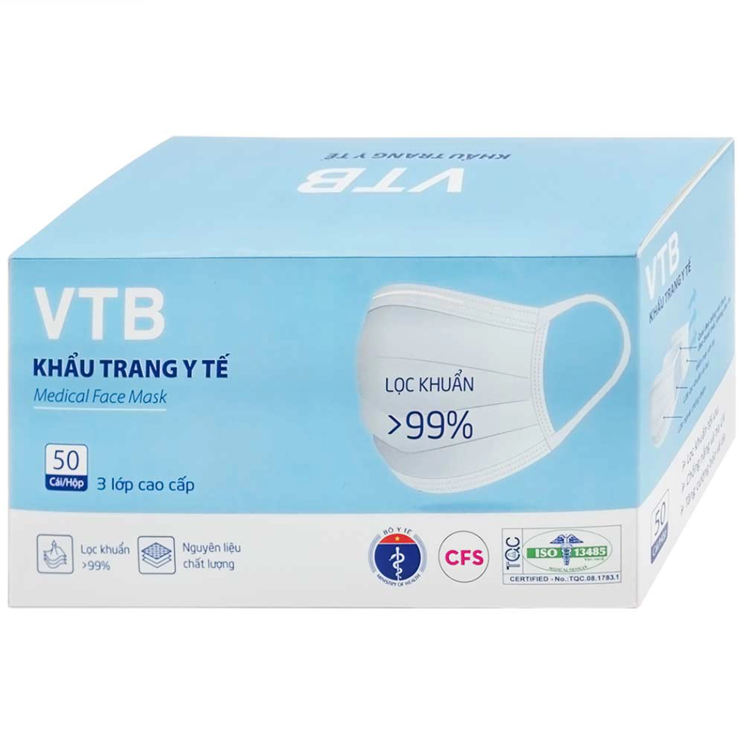 Khẩu trang y tế VTB màu trắng 3 lớp hỗ trợ ngăn khói, bụi, kháng khuẩn (50 cái)