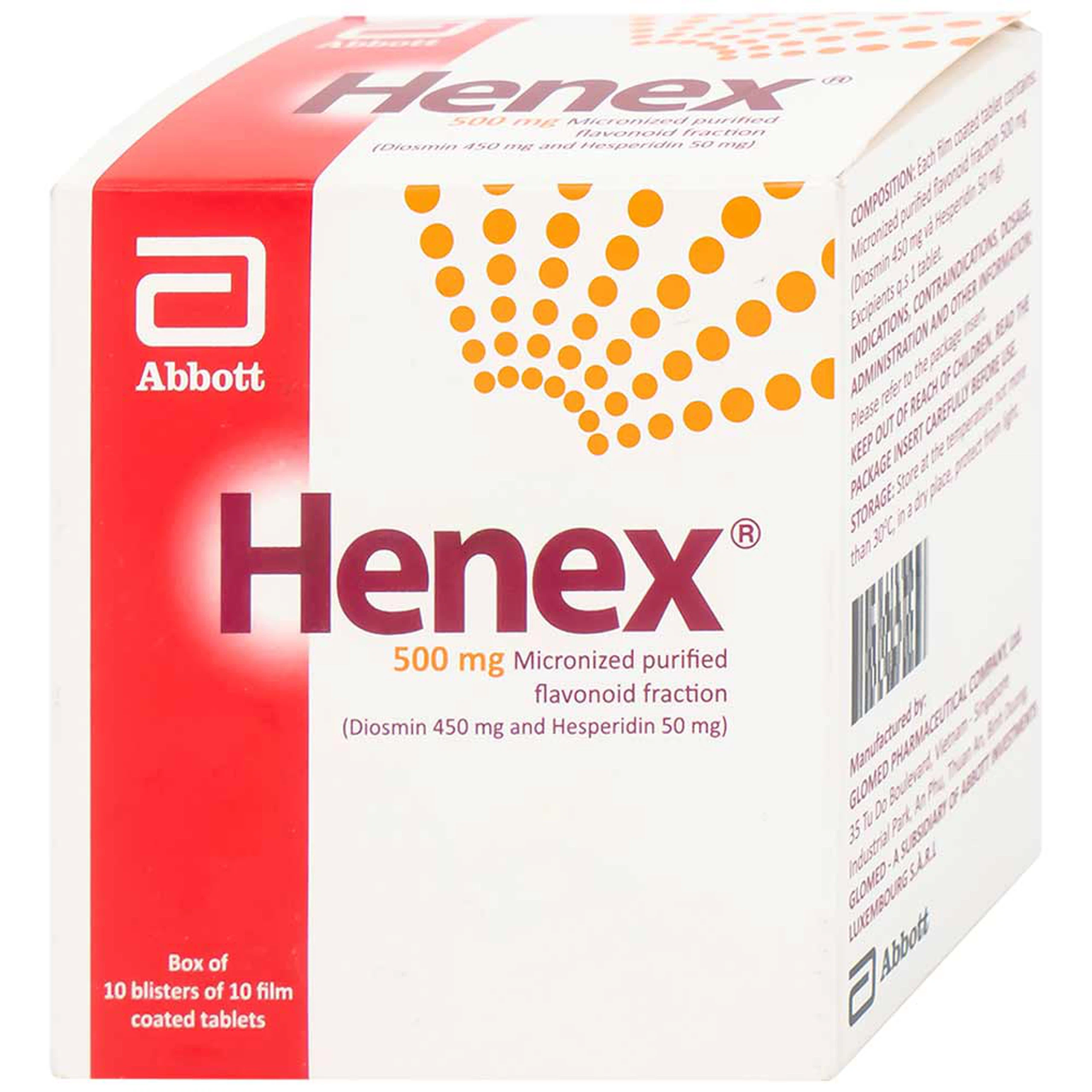Viên nén Henex 500mg Abbott điều trị suy tĩnh mạch - mạch bạch huyết, cơn trĩ cấp (10 vỉ x 10 viên)