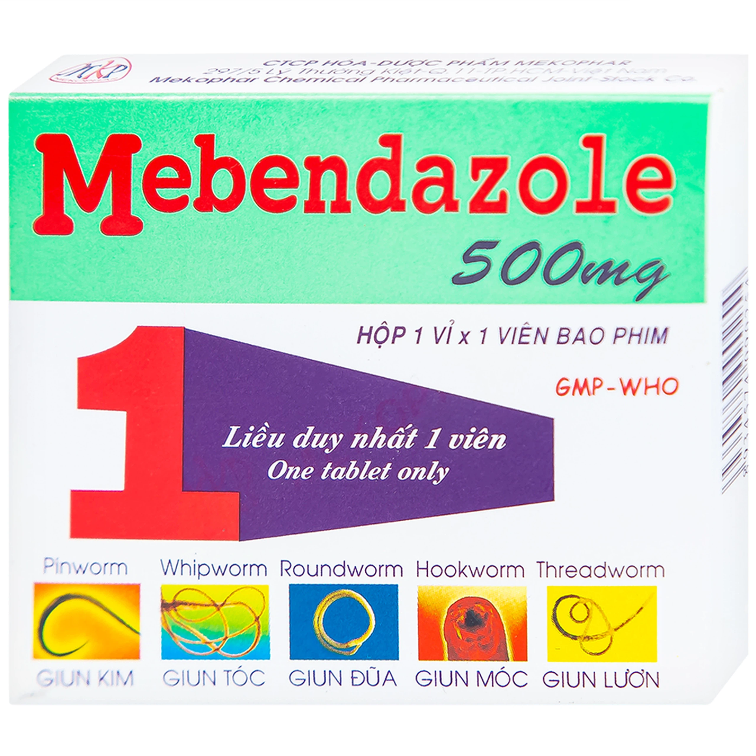 Viên nén Mebendazole 500mg Mekophar điều trị nhiễm một hay nhiều loại giun (1 viên)