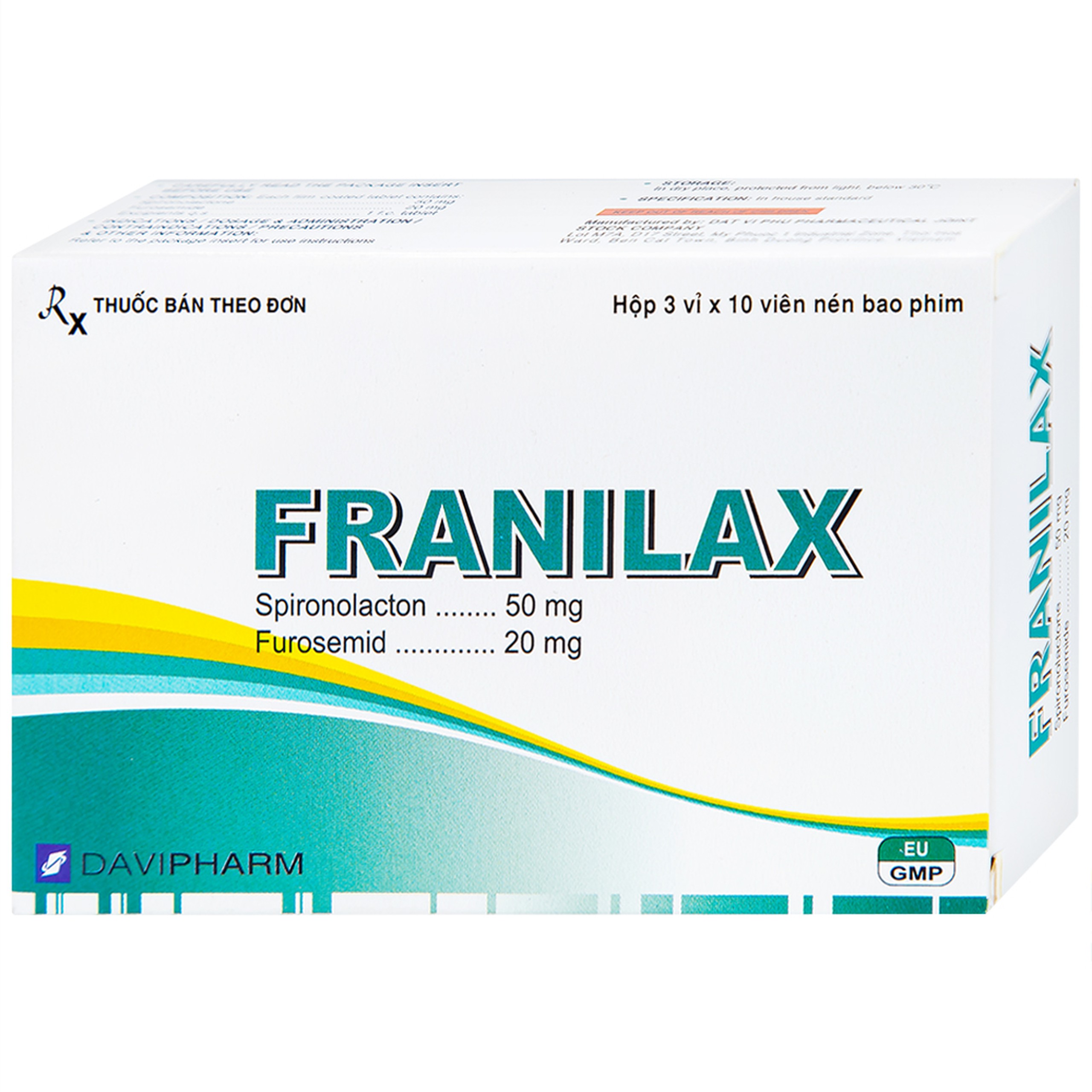 Thuốc Franilax 50mg/20mg Davipharm ngăn chặn sự tích tụ nước trong cơ thể (3 vỉ x 10 viên)