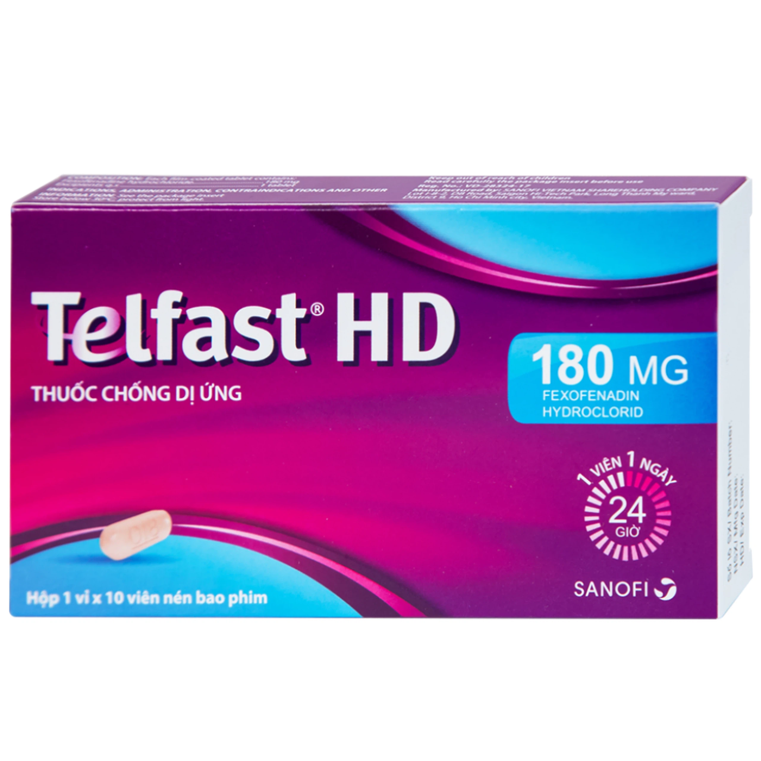 Thuốc Telfast HD 180mg Sanofi điều trị viêm mũi dị ứng, mày đay (1 vỉ x 10 viên)