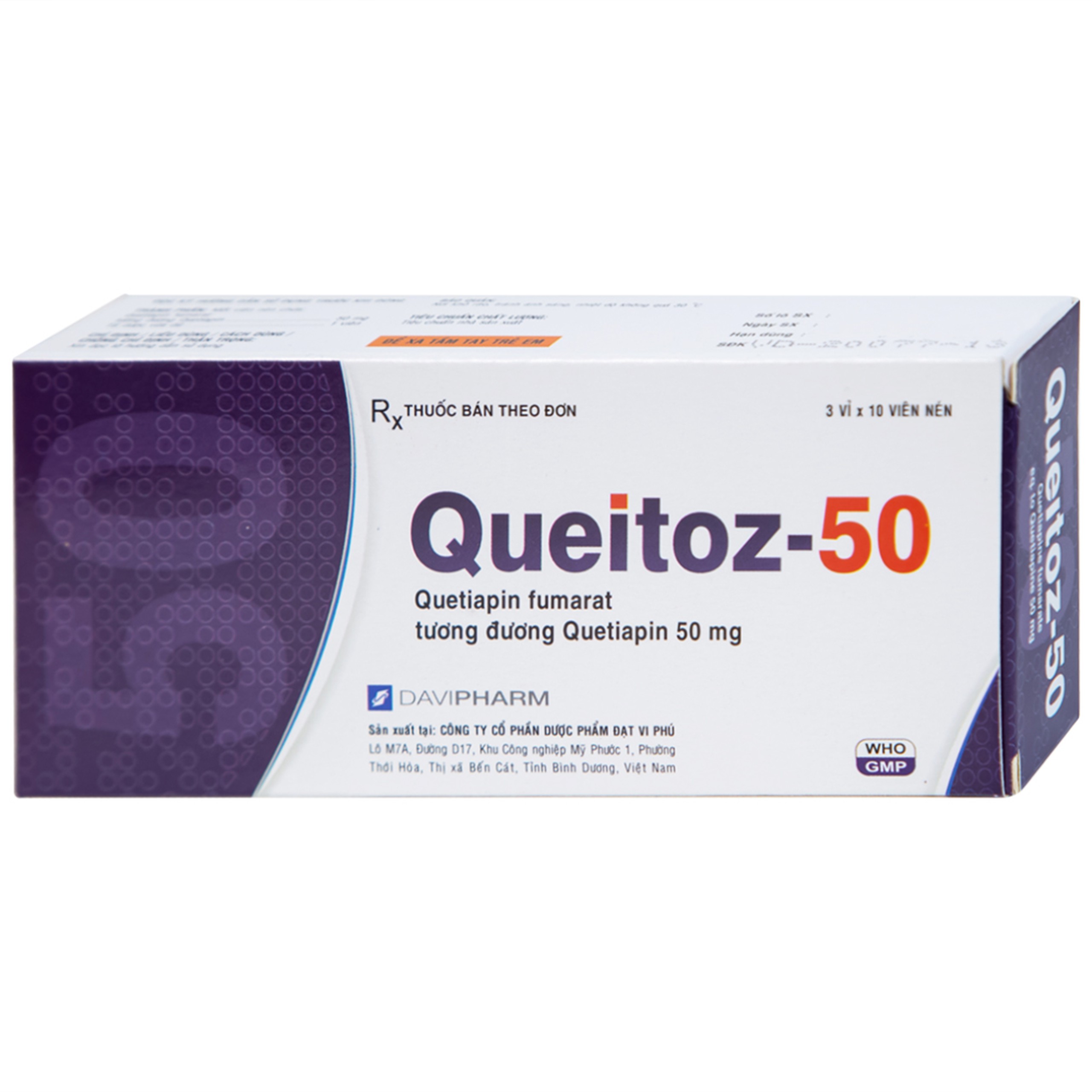 Thuốc Queitoz-50 Davipharm điều trị tâm thần phân liệt, rối loạn lưỡng cực (3 vỉ x 10 viên) 