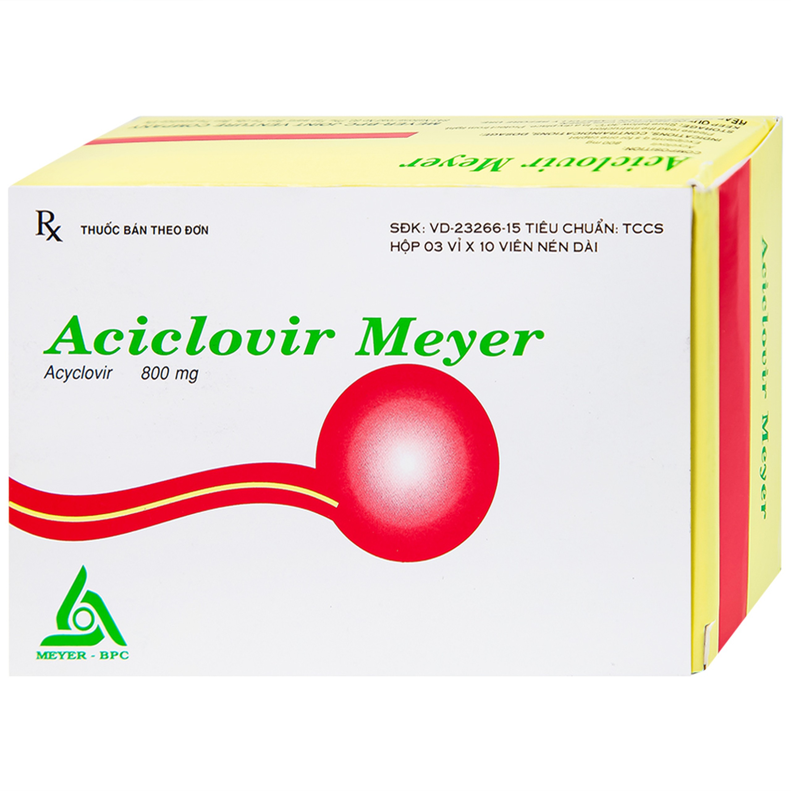 Thuốc Aciclovir 800mg Meyer điều trị nhiễm Herpes zoster, thủy đậu (3 vỉ x 10 viên)