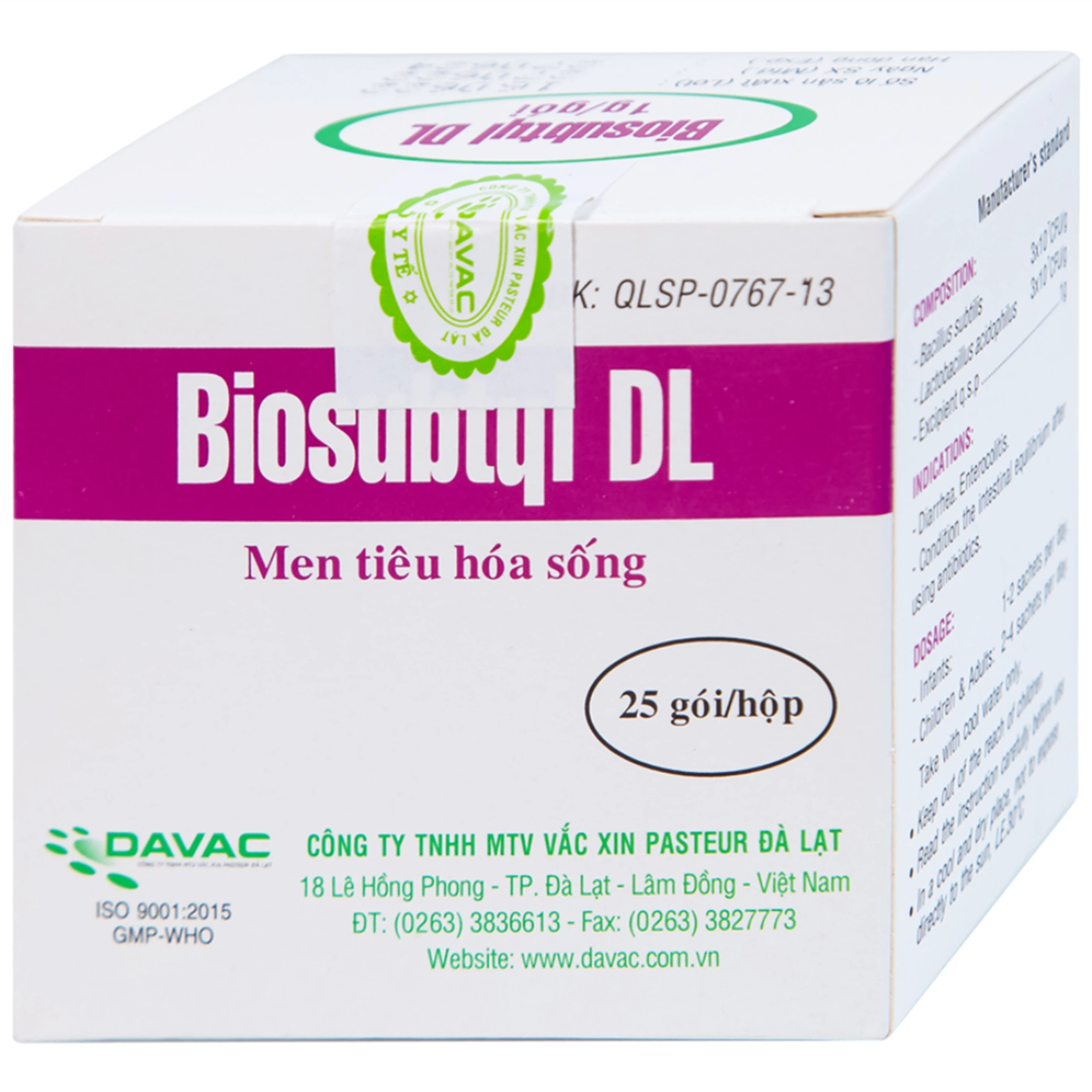 Men tiêu hoá sống Biosubtyl DL Davac điều trị tiêu chảy, viêm đại tràng, rối loạn tiêu hoá (25 gói)
